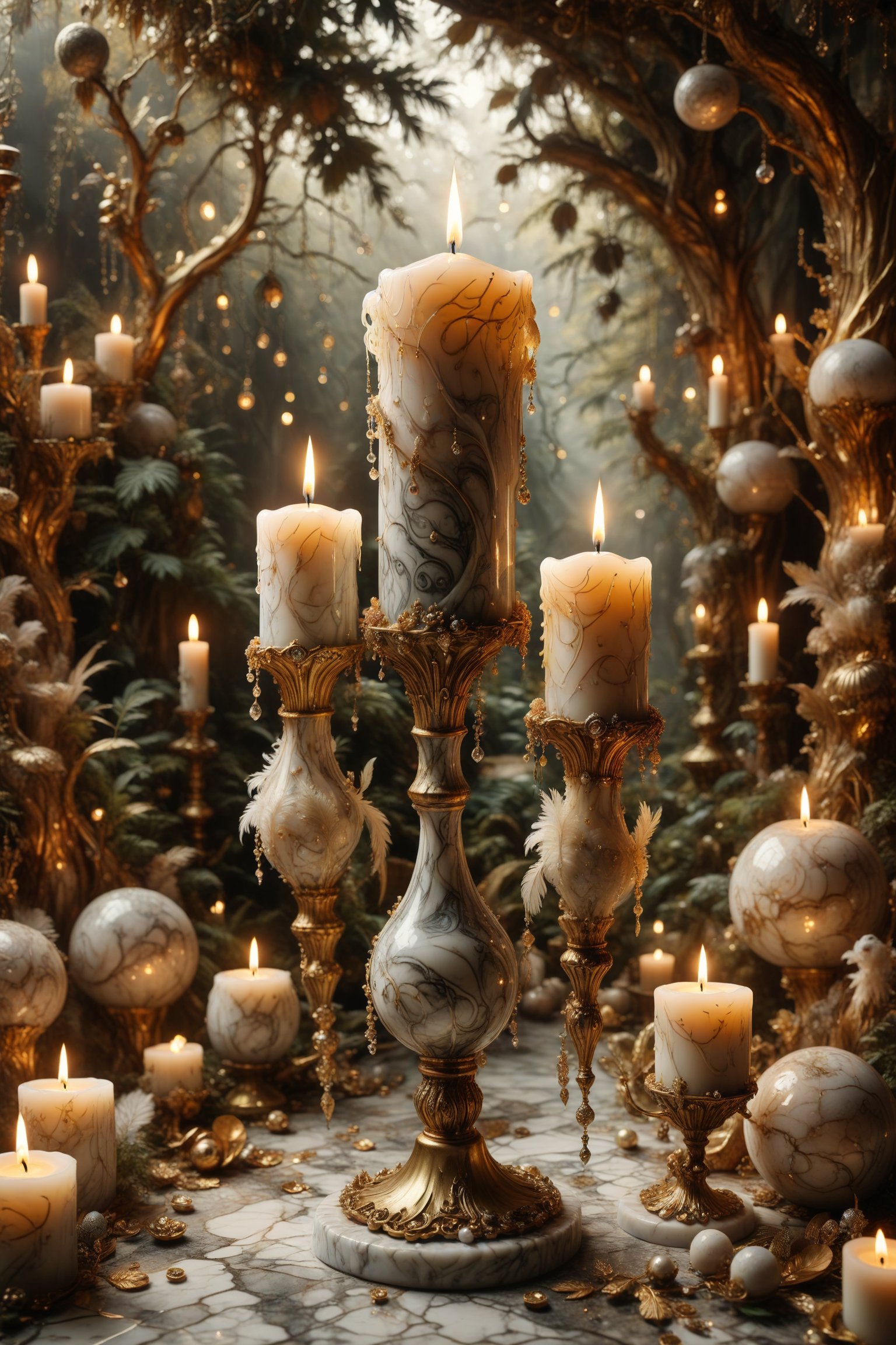 A candle with marble texture and interesting, surreal organic curves, in a surreal enchanted forest illuminated by golden candelabras. Inlaid elements of the enchanted forest, decorative gold accents, feathers, diamonds, and iridescent bubbles.