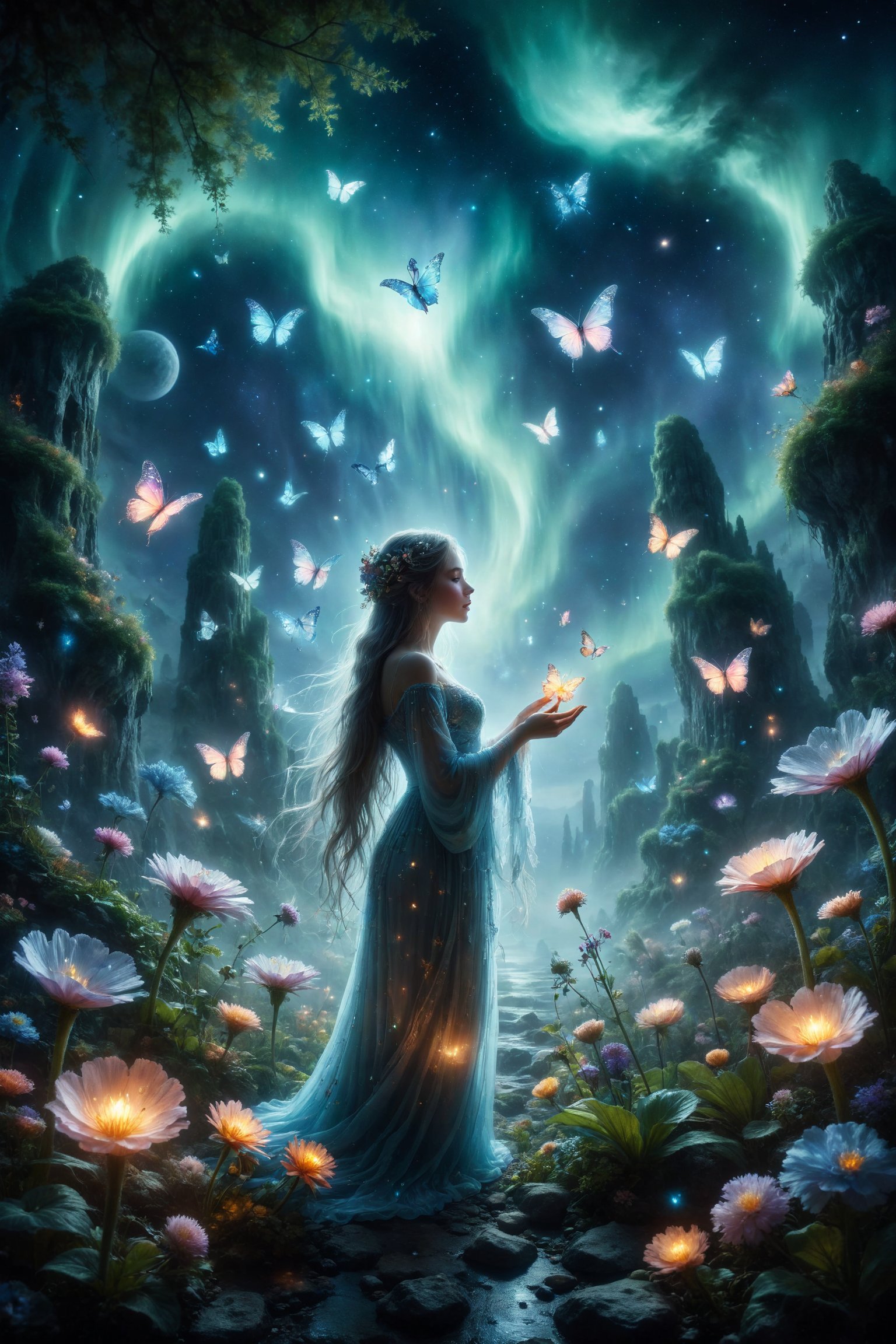 A celestial maiden tending a garden of crystal plants and flowers glowing under a sky of auroras, with translucent butterflies fluttering around.