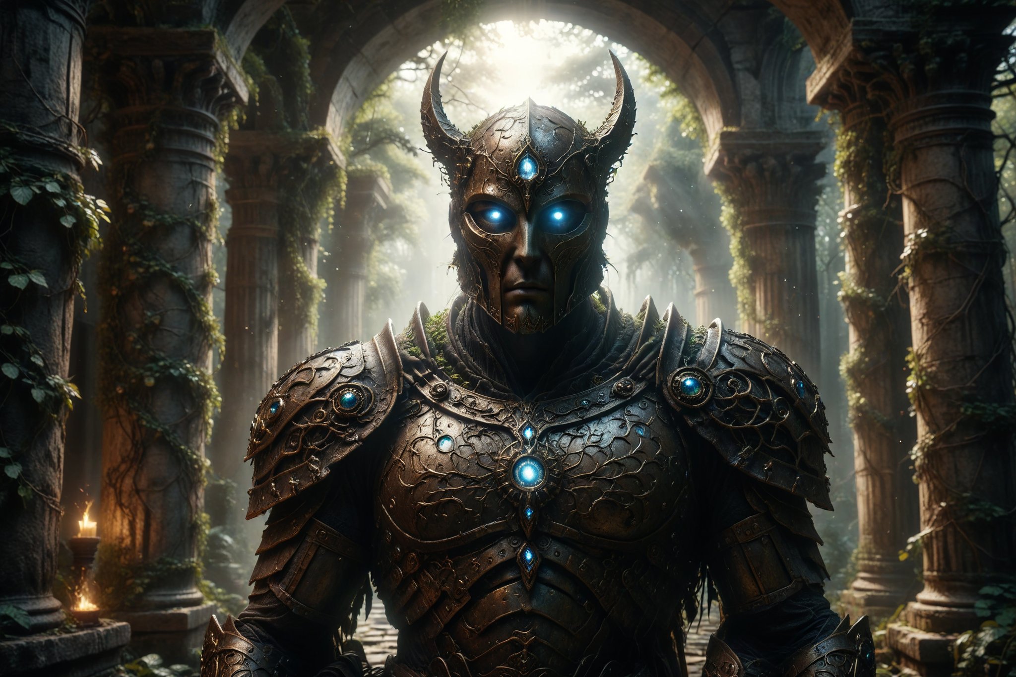 A guardian in bronze armor with eyes shining like gems, protecting a dark portal emitting flashes of light between ancient columns covered in mystical vines.