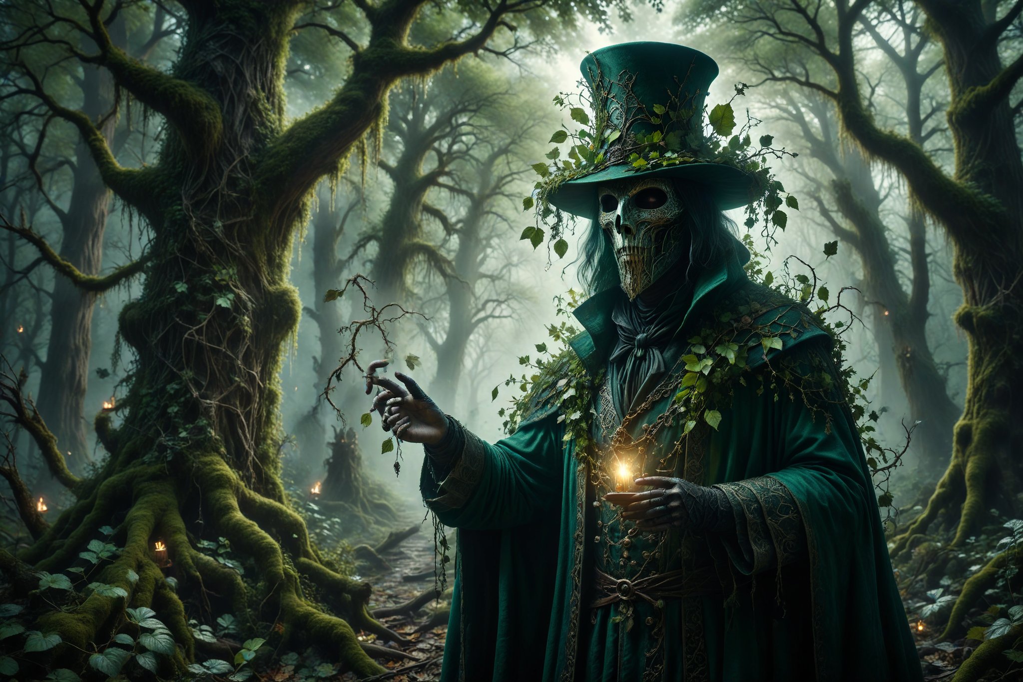 A masked warlock in green robes and a top hat adorned with leaves and branches, summoning forest spirits among trees entwined with mystical vines.