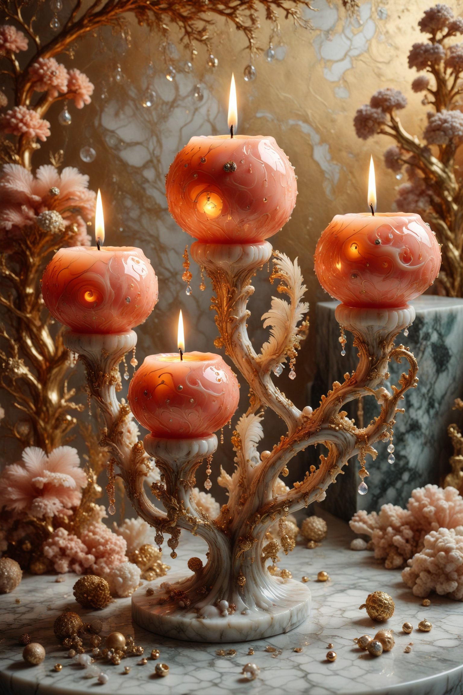 A candle with marble texture and interesting, surreal organic curves, in a surreal coral reef illuminated by golden candelabras. Inlaid coral, decorative gold accents, feathers, diamonds, and iridescent bubbles.