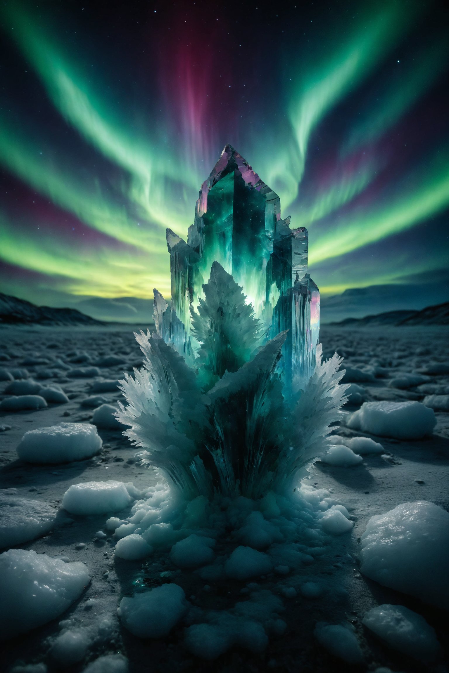 A giant, bright ice crystal emerging from the ground, reflecting the lights of the aurora borealis.