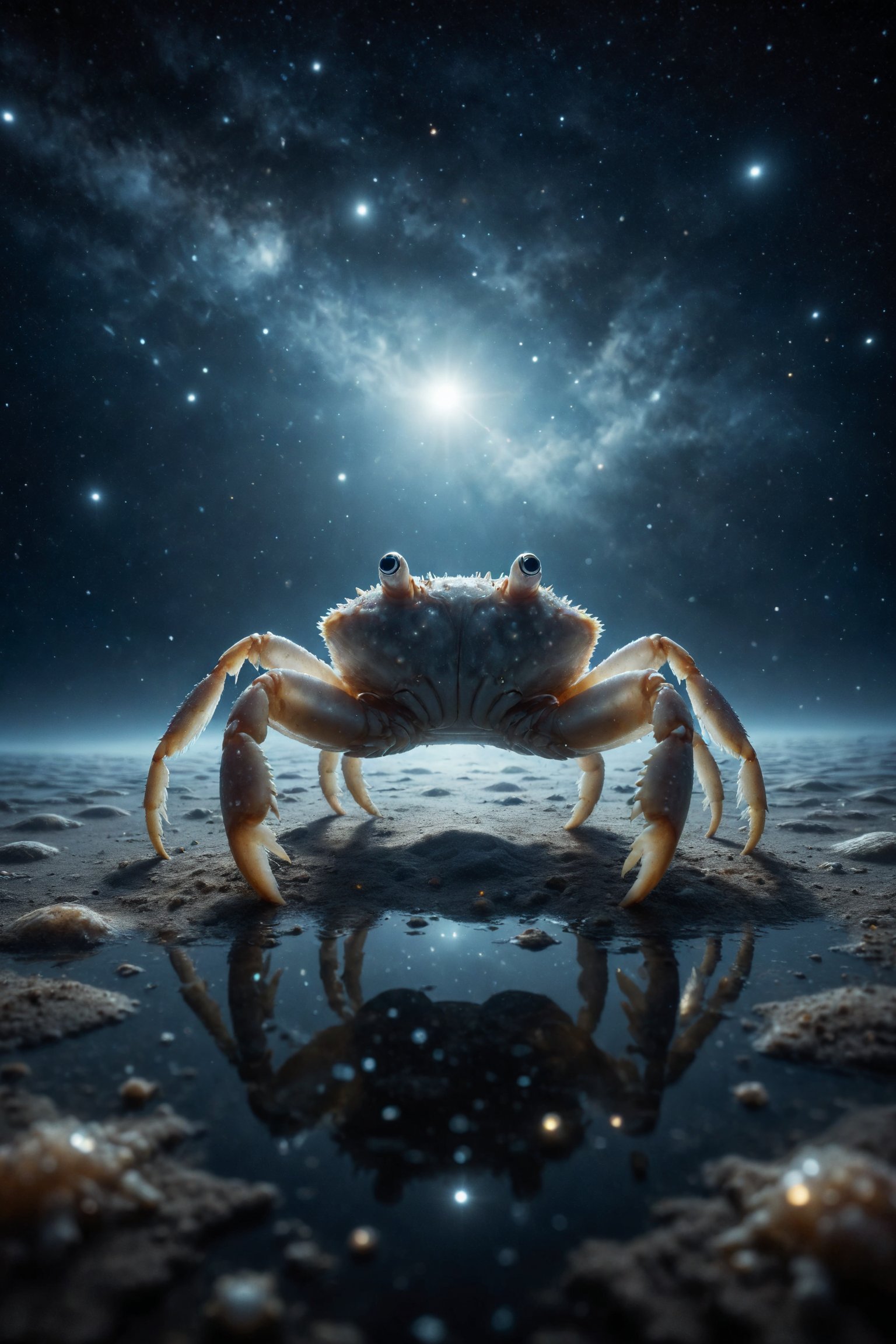 A pearl crab walking on the surface of a starry ocean, under a starry sky with constellations reflecting in the crystal-clear water.