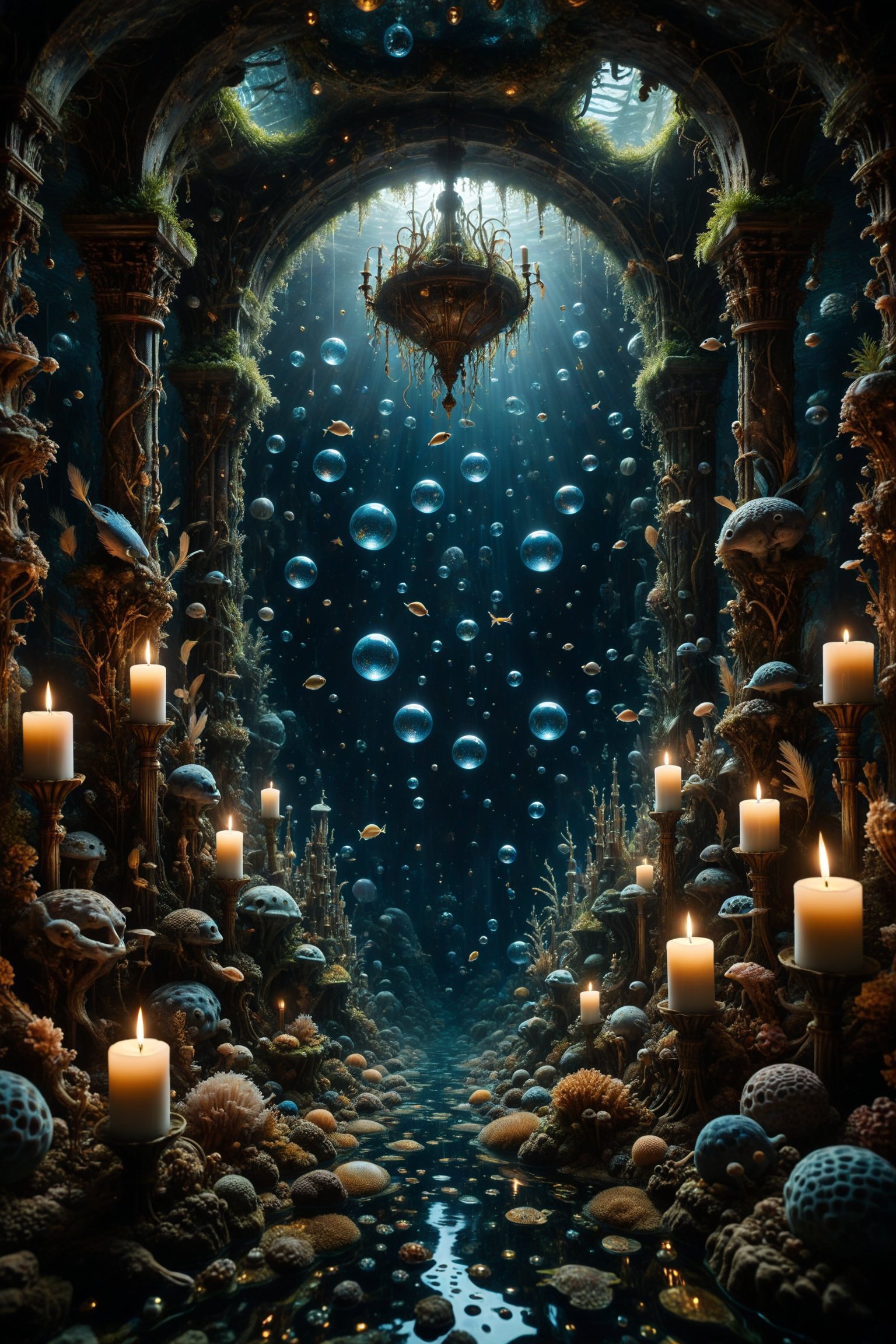 An aquarium with interesting, surreal organic curves, recreating an underwater labyrinth with candelabras resembling beacons in the darkness. Inlaid underwater mazes, decorative gold accents, feathers, diamonds, and iridescent bubbles.