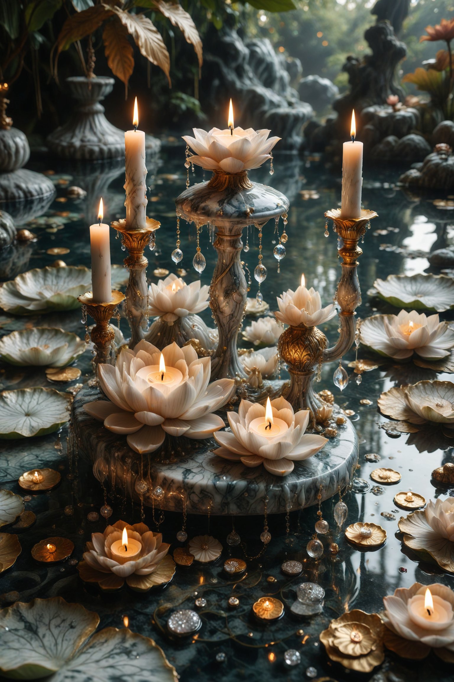 A luxury candle with marble texture and interesting, surreal organic curves, floating in a surreal pond with lotus candelabras. Inlaid lotus flowers, decorative gold accents, feathers, diamonds, and iridescent bubbles.