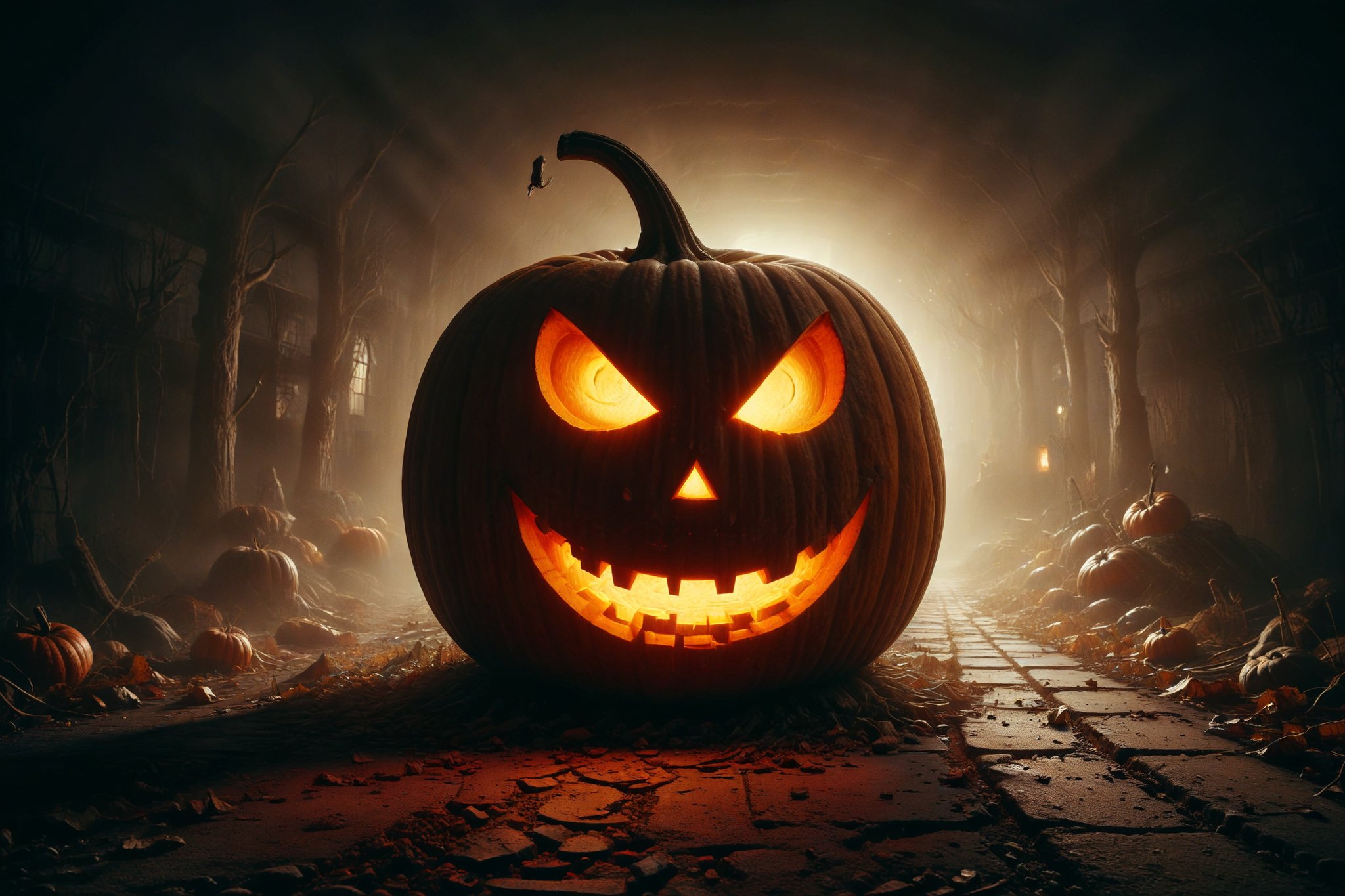 A giant pumpkin carved with a sinister smile, emitting a warm, orange light that illuminates a dark path.