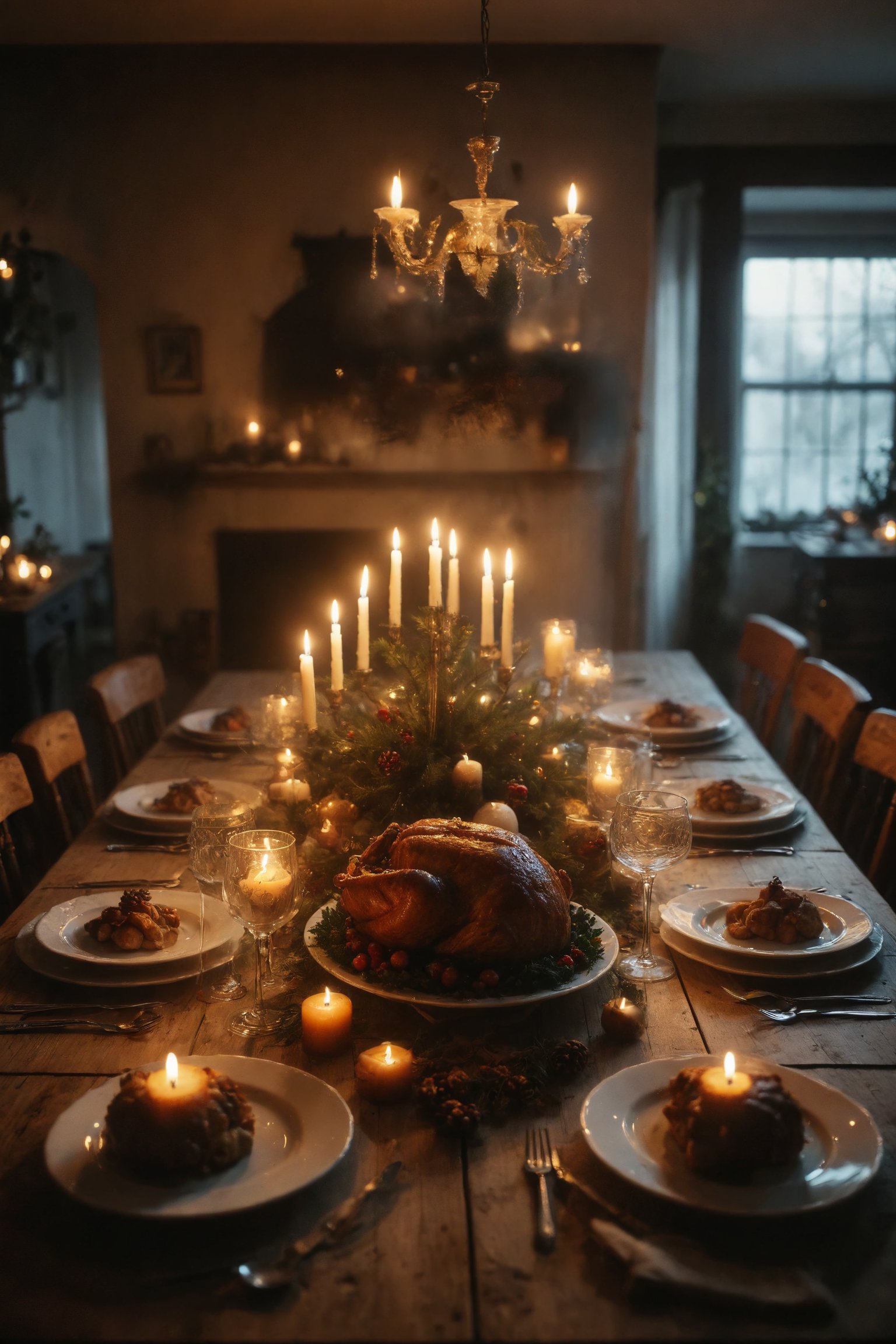 A festively decorated table with Christmas dinner and lit candles.