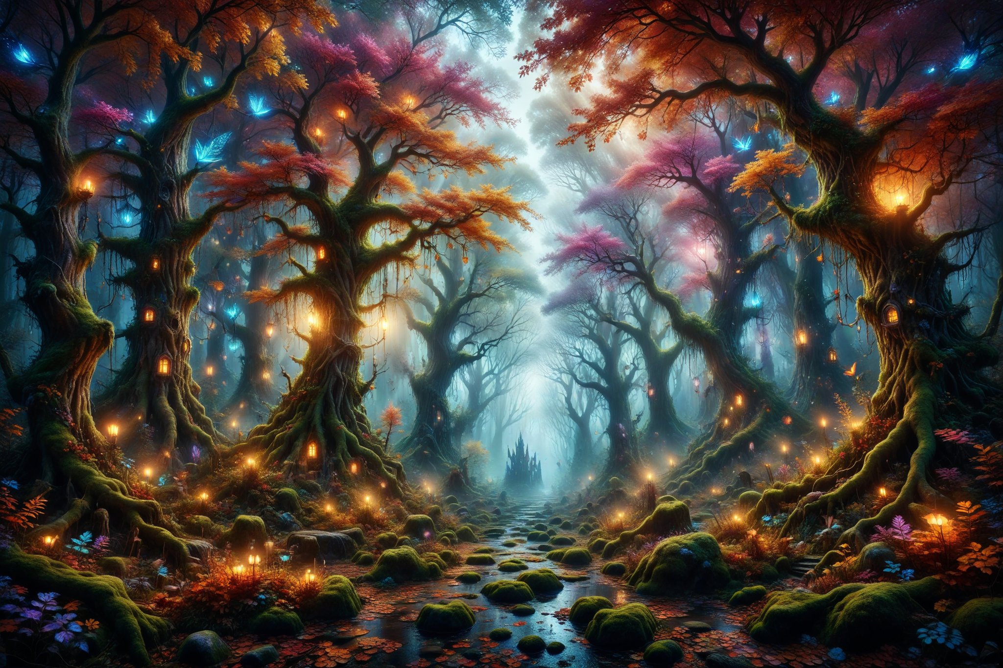 An enchanted forest full of glowing trees with vibrant colored leaves, inhabited by magical creatures like fairies and elves.