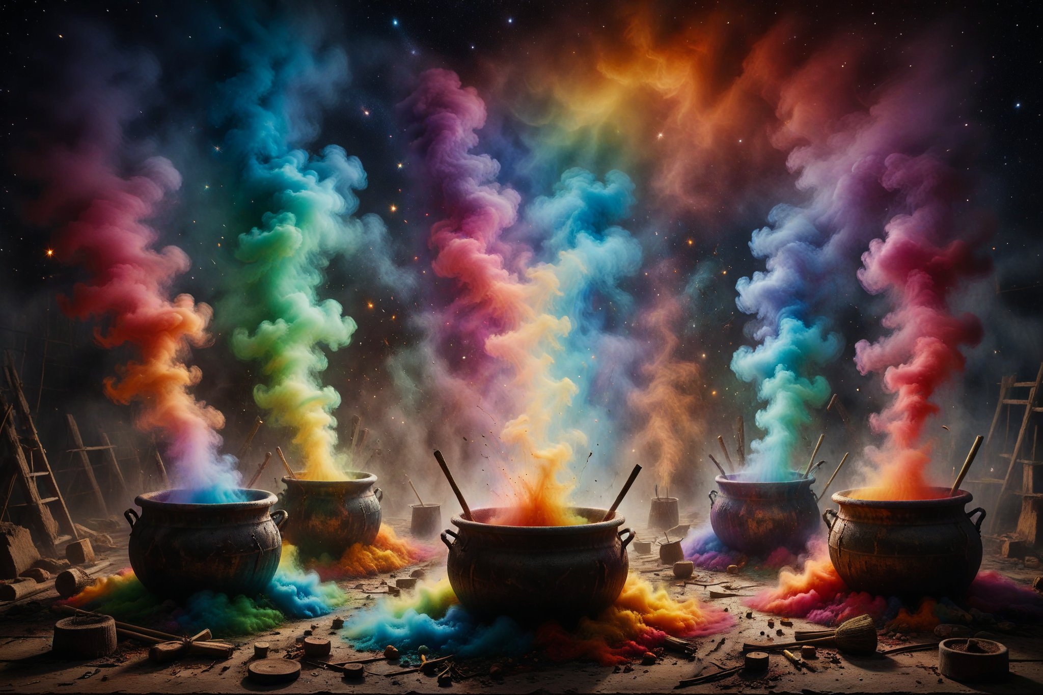 A bright rainbow formed by colorful smoke rising from bubbling cauldrons held by witches flying on their brooms through a starry sky.