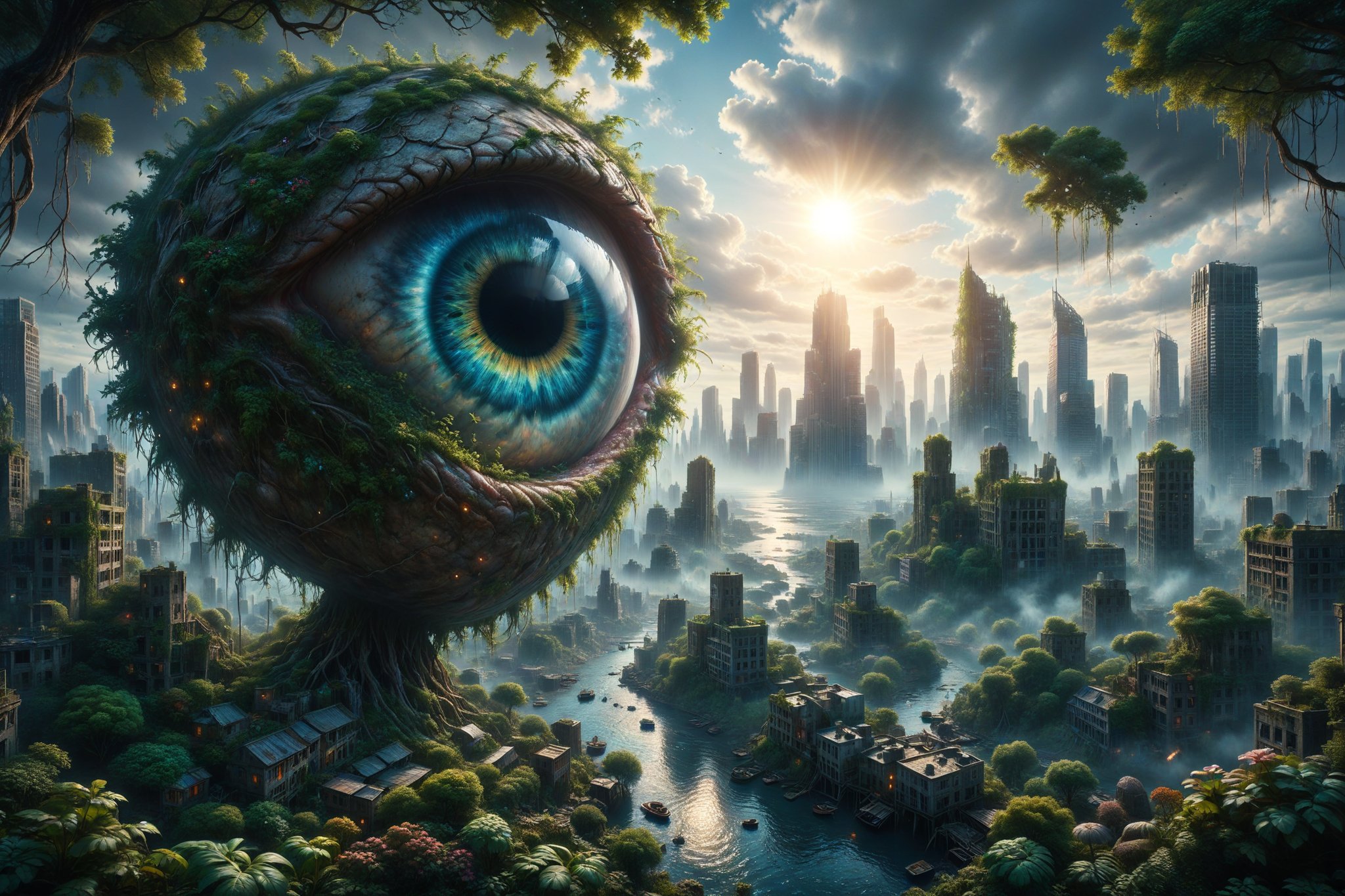 A giant orb eye looking over a city, epic composition, cinematic shot, trending on ArtStation and deviantart in the style of Monet painting. A vibrant digital oilpainting. A highly detailed fantasy character illustration by Wayne Reynolds (Clyde) and Charles Sienkiewicz, lush foliage, 8k resolution behance HD HDR hyper realistic anime, dynamic lighting 
