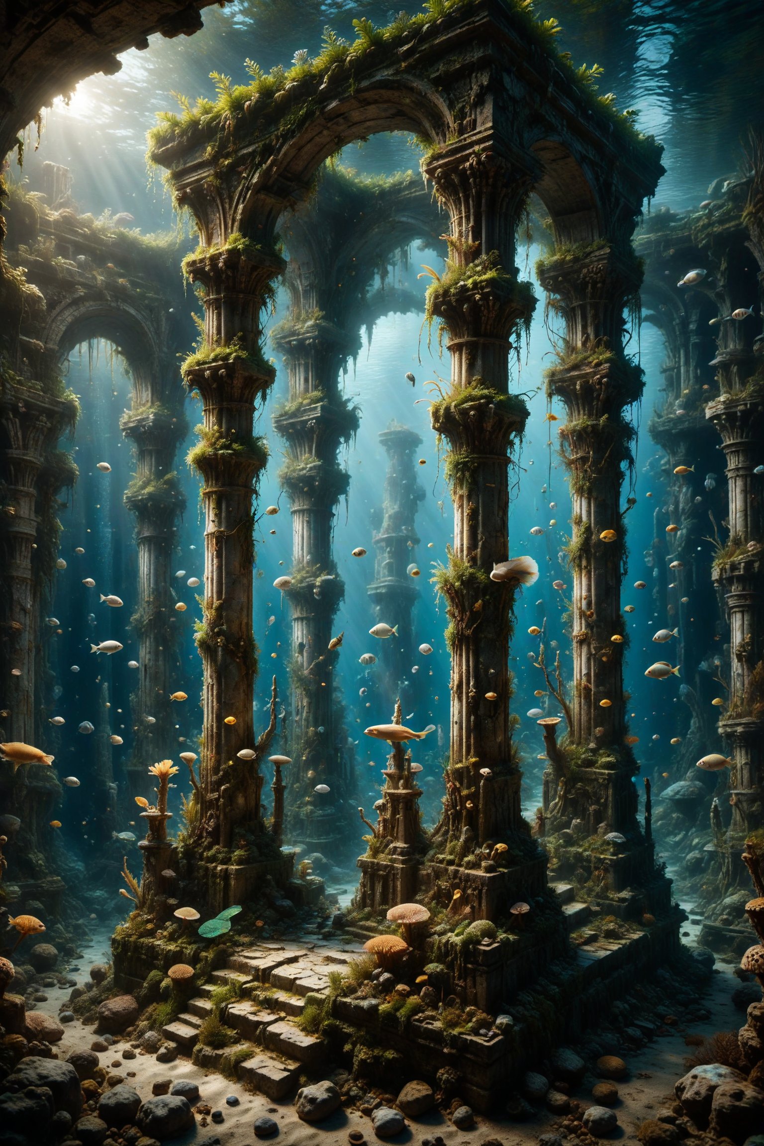 An aquarium with interesting, surreal organic curves, evoking the legendary lost city of Atlantis with candelabras resembling ancient submerged columns. Inlaid underwater ruins, decorative gold accents, feathers, diamonds, and iridescent bubbles.