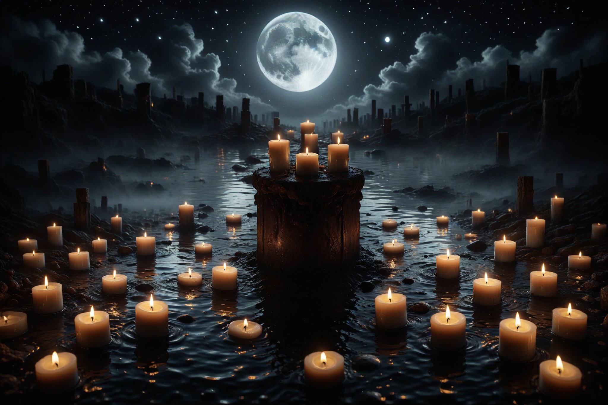 A deep well filled with dark waters and silver reflections of the waxing moon, surrounded by lit candles flickering in the darkness of a starless night.