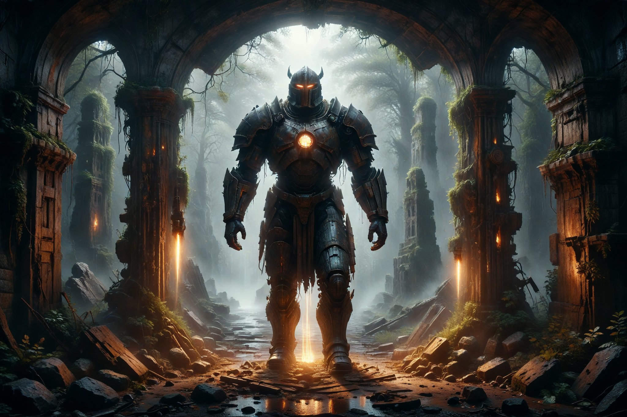 An imposing guardian in rusted iron armor, guarding the entrance to a quivering portal where flashes of light reveal passages to unknown dimensions.