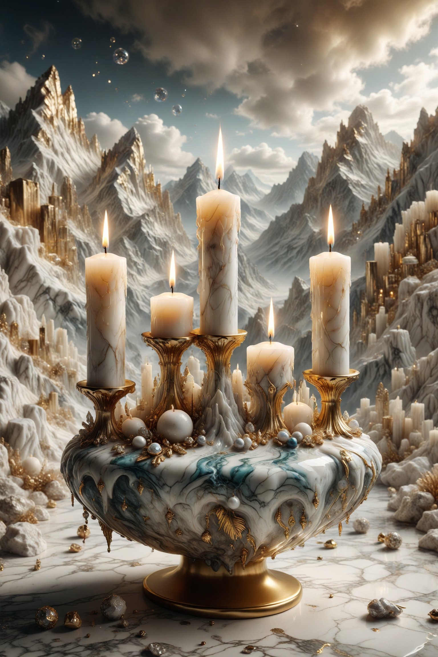 A luxury candle with marble texture and interesting, surreal organic curves, in a surreal mountainous landscape with candelabras carved in the shape of mountain peaks. Inlaid mountains, decorative gold accents, feathers, diamonds, and iridescent bubbles.