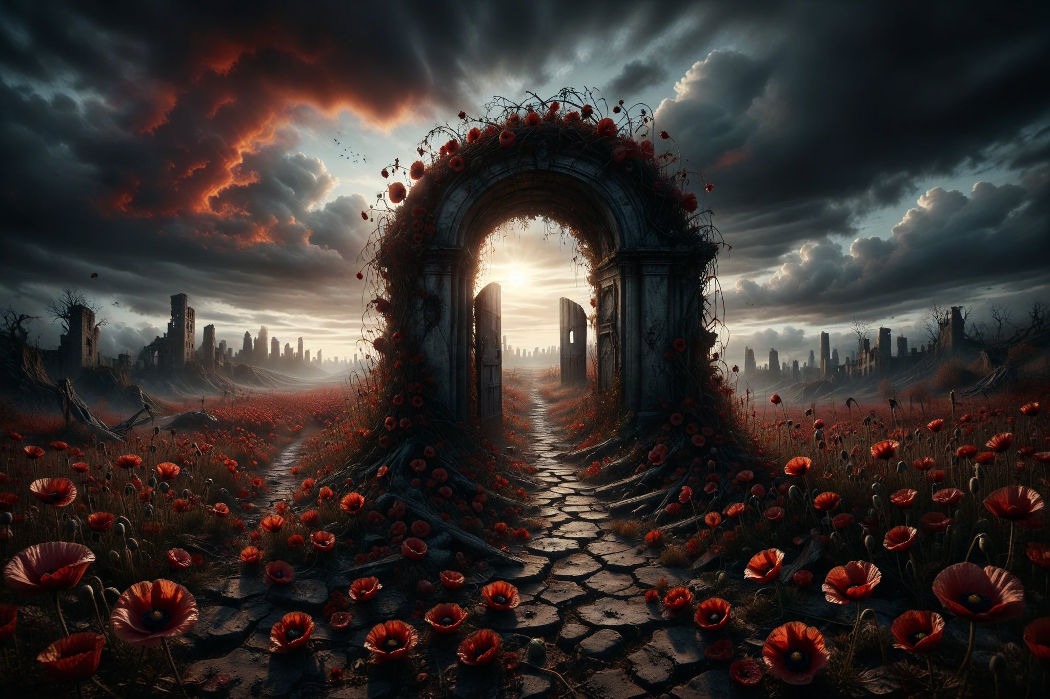 A dark, undulating portal amidst a field of withered poppies, with shadows creeping from the other side as the sky is dyed deep red.