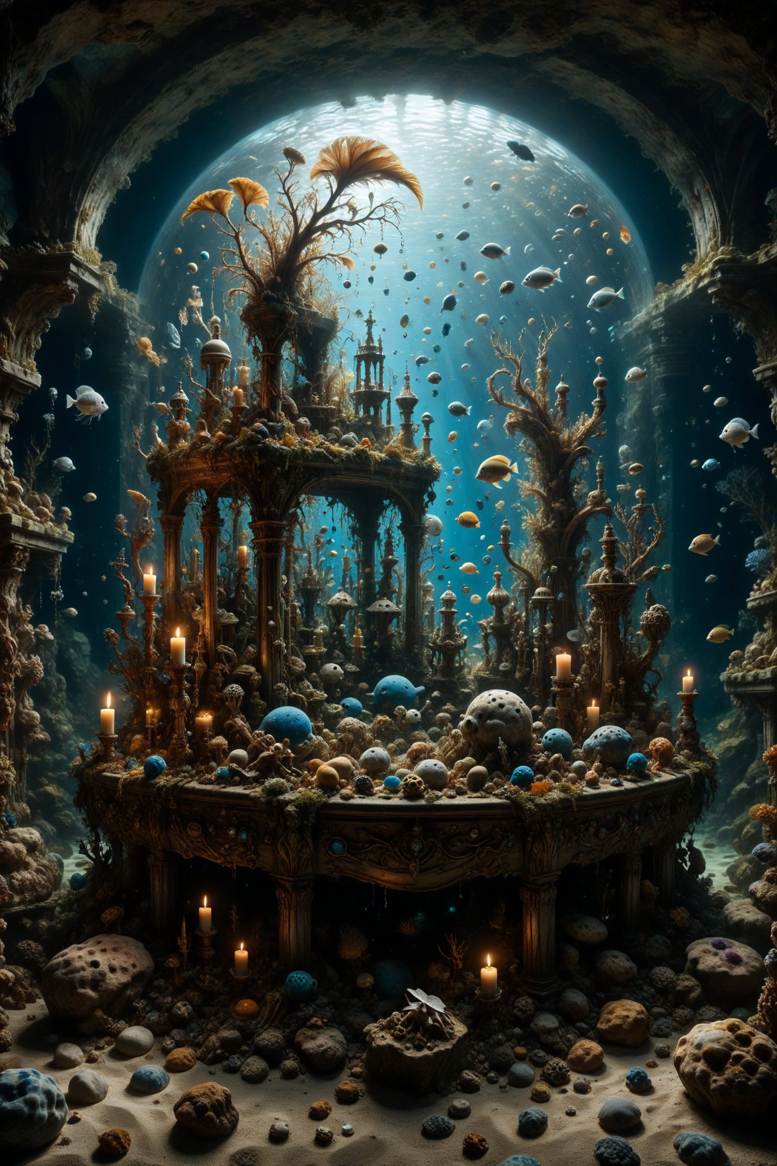 An aquarium with interesting, surreal organic curves, filled with sunken treasures such as chests, jewels, and remnants of ancient ships, with candelabras resembling guardians of the seabed. Inlaid sunken treasures, decorative gold accents, feathers, diamonds, and iridescent bubbles.