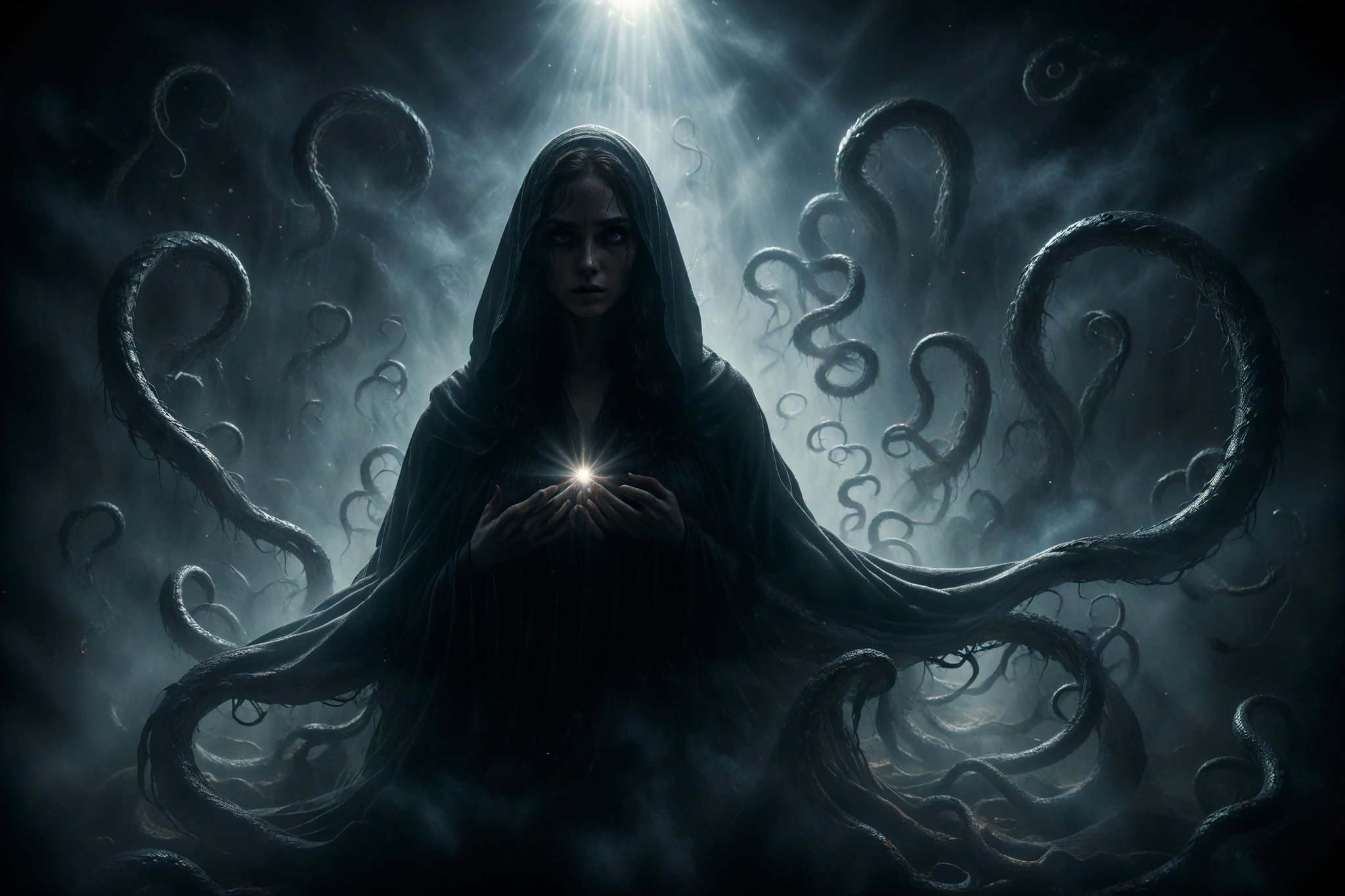 A female figure draped in a dark cloak, with eyes shining with a cold, mysterious light, manipulating shadows twisting like serpents around her.