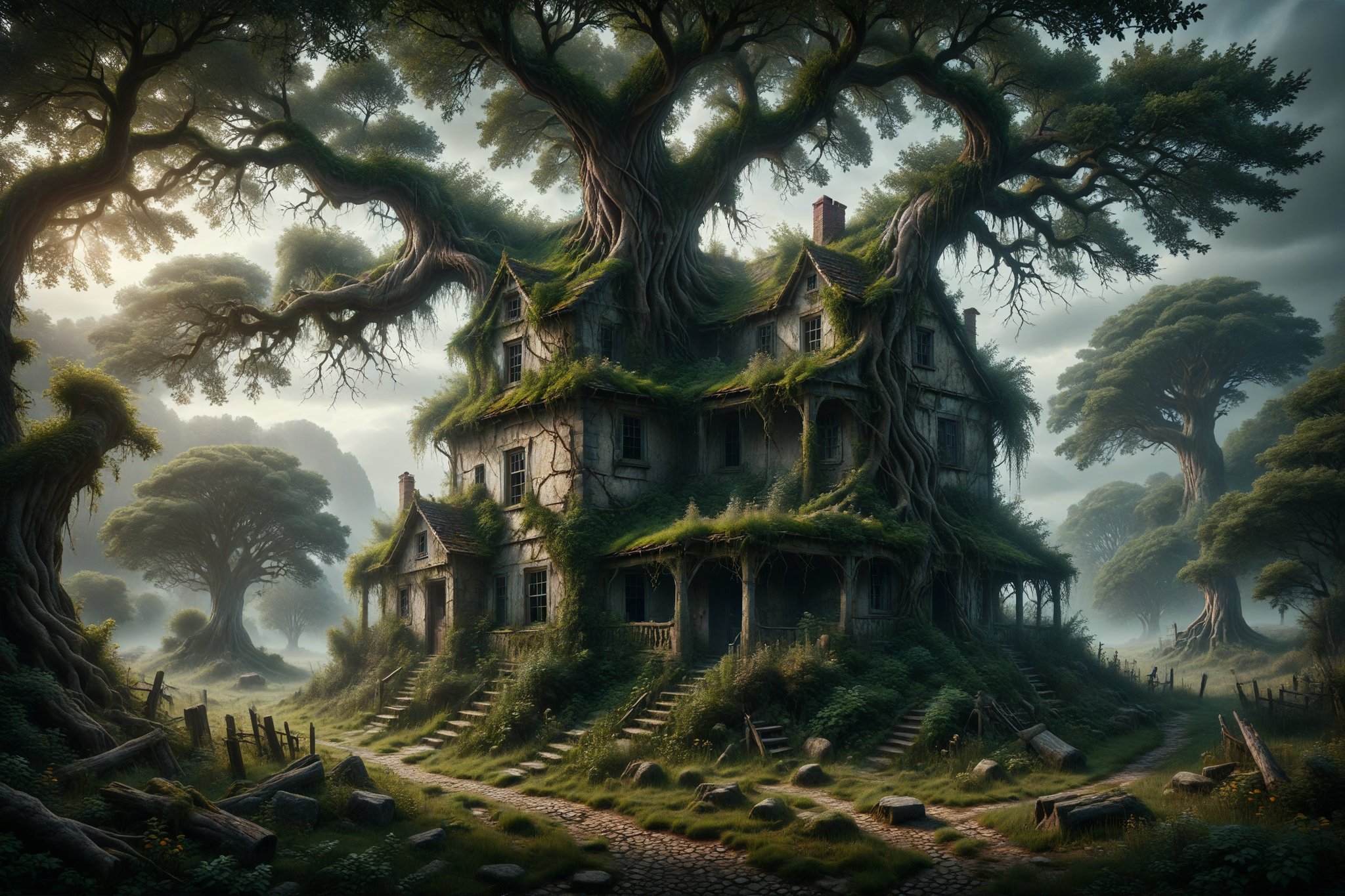 A countryside house with walls that seem to expand and contract as if breathing, surrounded by twisted trees whispering ancient words.