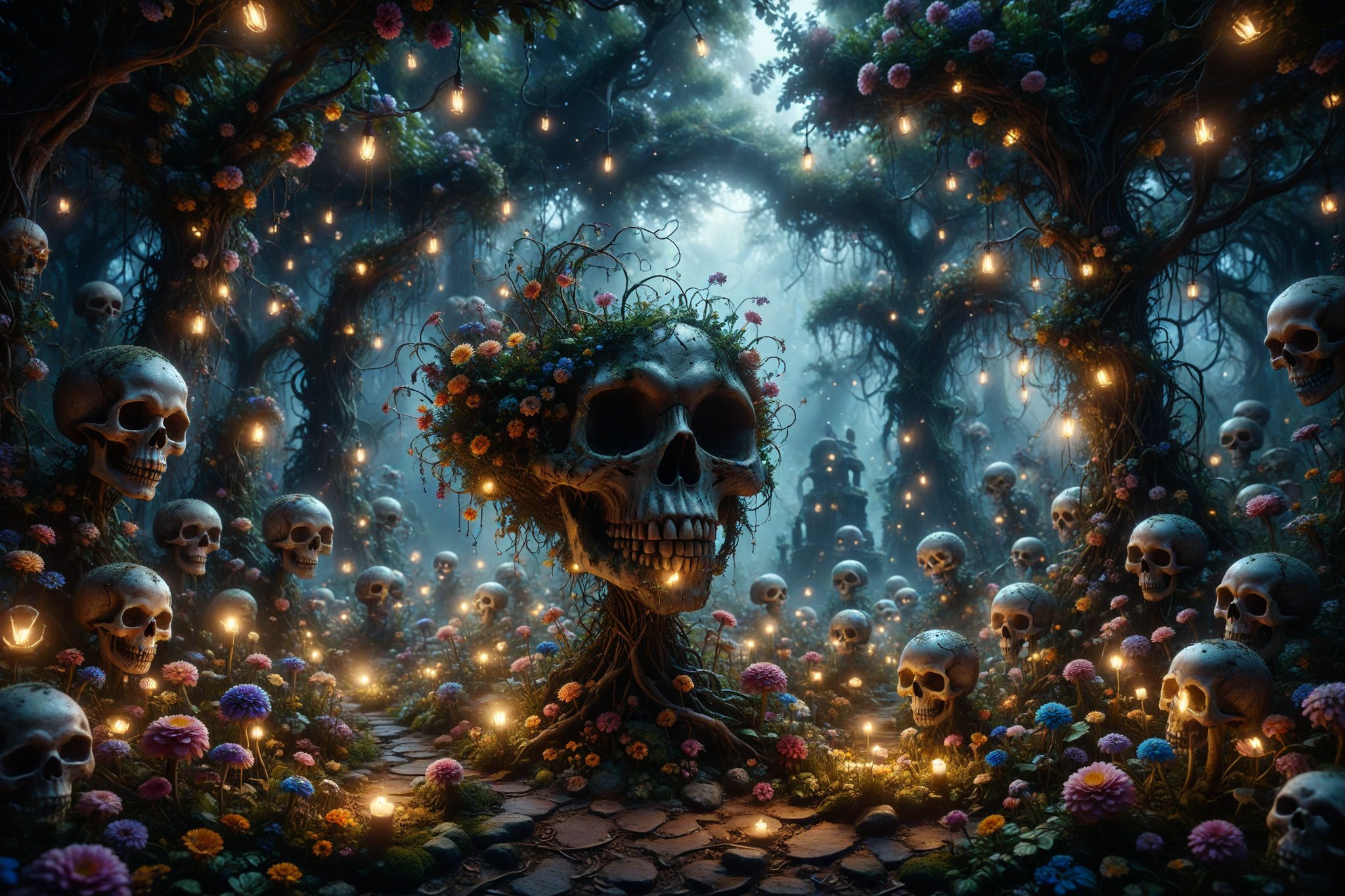 An enchanted garden full of flowers with petals shaped like smiling skulls, illuminated by will-o'-wisps dancing among twisted stems.