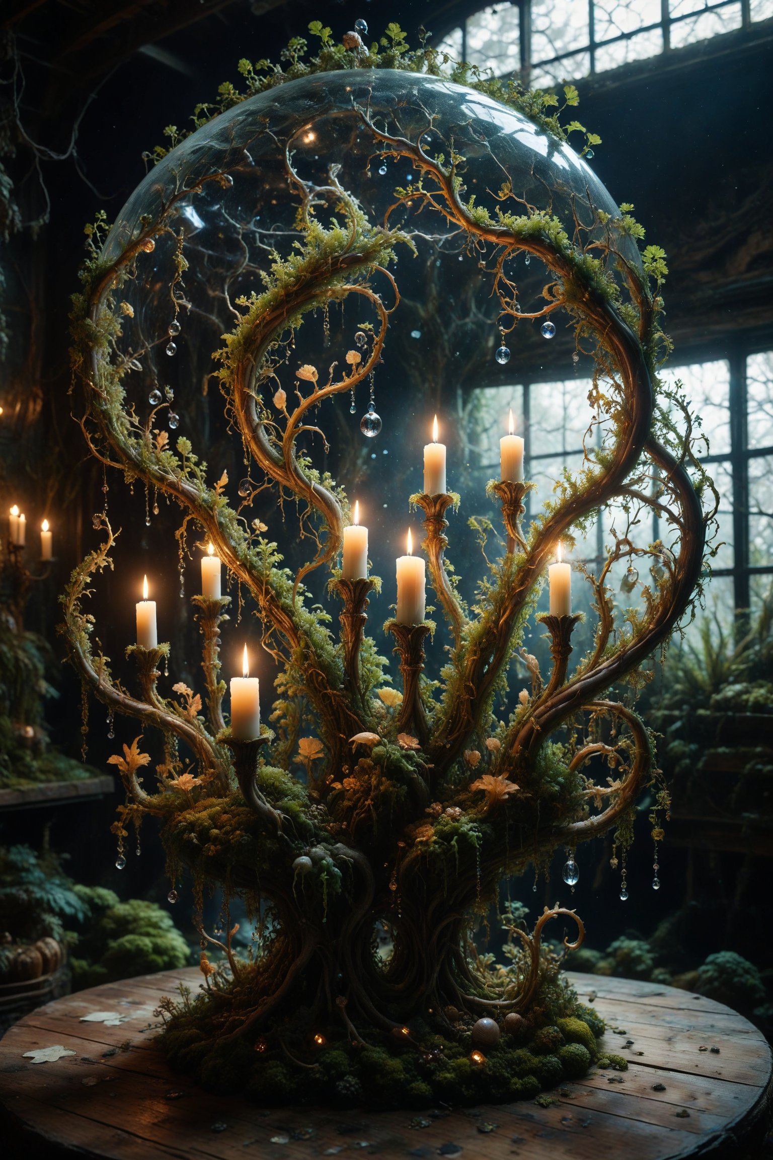 An aquarium with interesting, surreal organic curves, recreating an underwater forest of seaweed with candelabras resembling glowing vines. Inlaid seaweed, decorative gold accents, feathers, diamonds, and iridescent bubbles