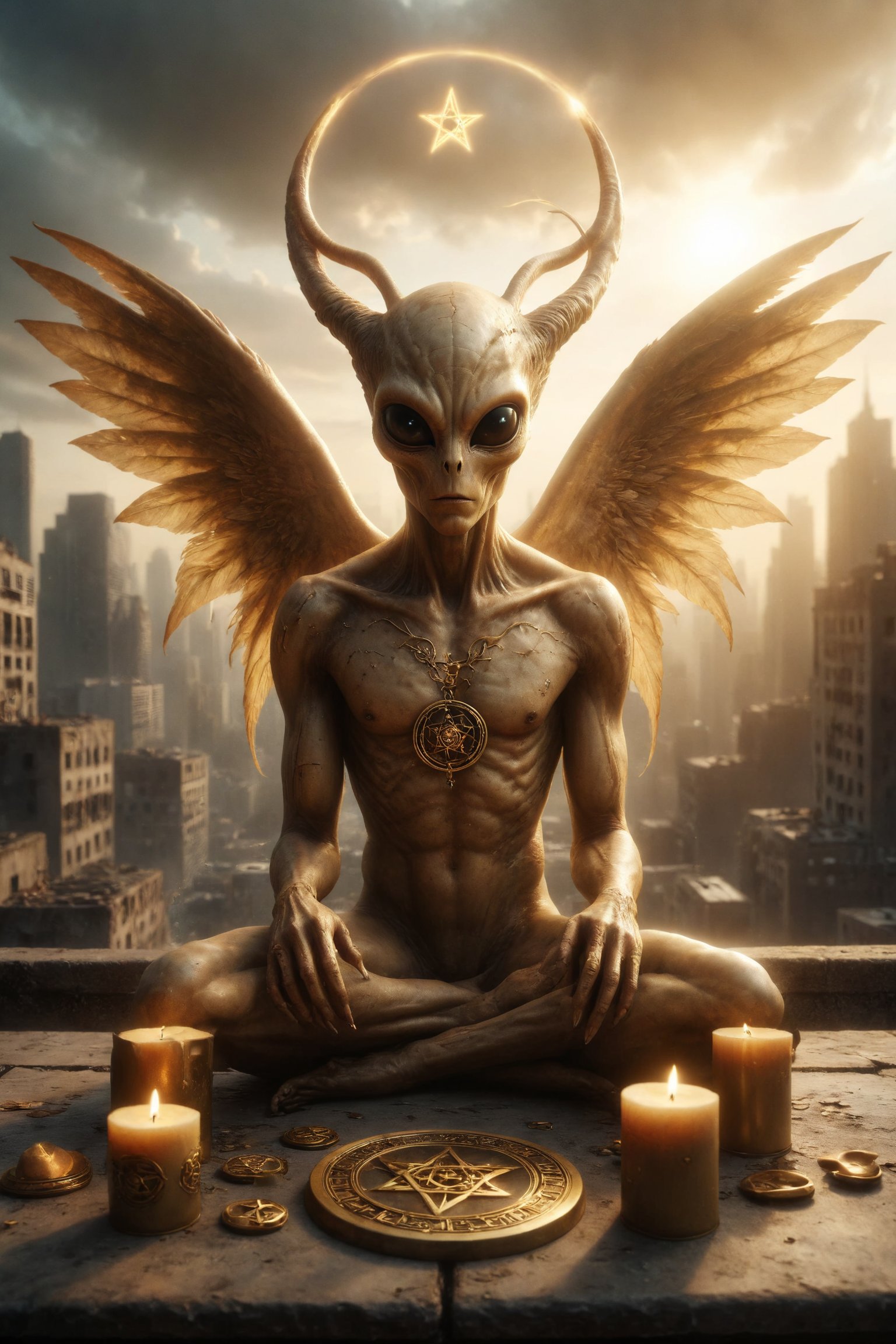 Creates a scene of a golden alien with wings and horns with 4 pentacles goldens in his possession, sitting on a terrace, with buildings in the background
