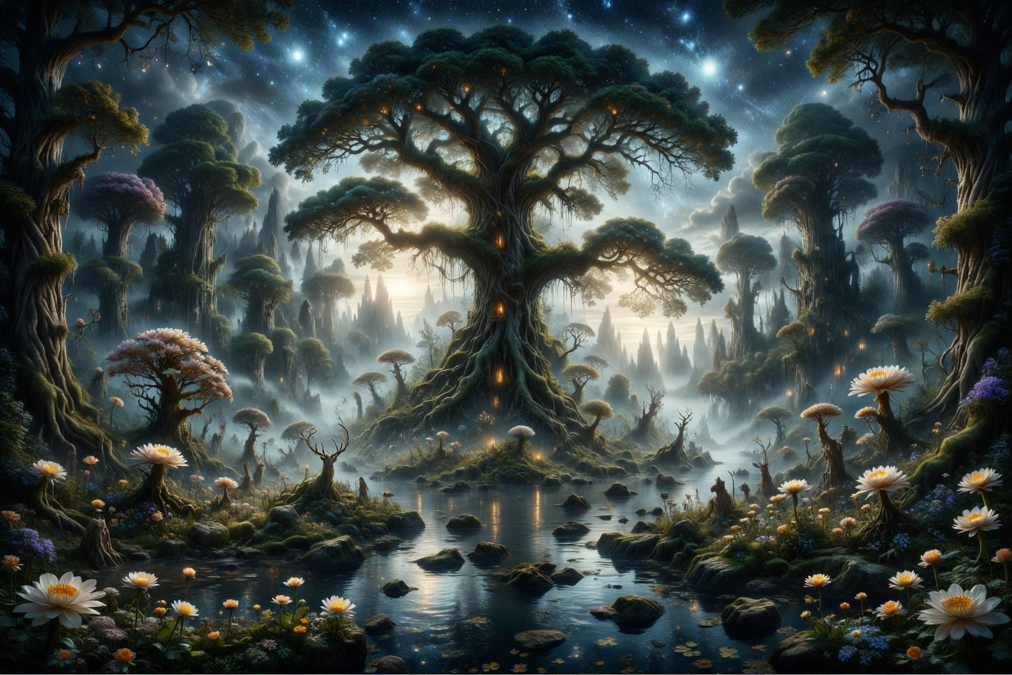 a stunning and detailed matte painting of a mystical forest of silence, with colossal trees and luminous flowers, magical creatures, and a crystalline river reflecting the starry sky, surreal architecture with intricate details, all with an ethereal and magical atmosphere, in the style of Arthur Rackham and Alan Lee, masterpiece!!!, magical, detailed, ethereal, fantastic, surreal, immersive atmosphere, exquisite details, natural magic, fantasy realism, soft lighting