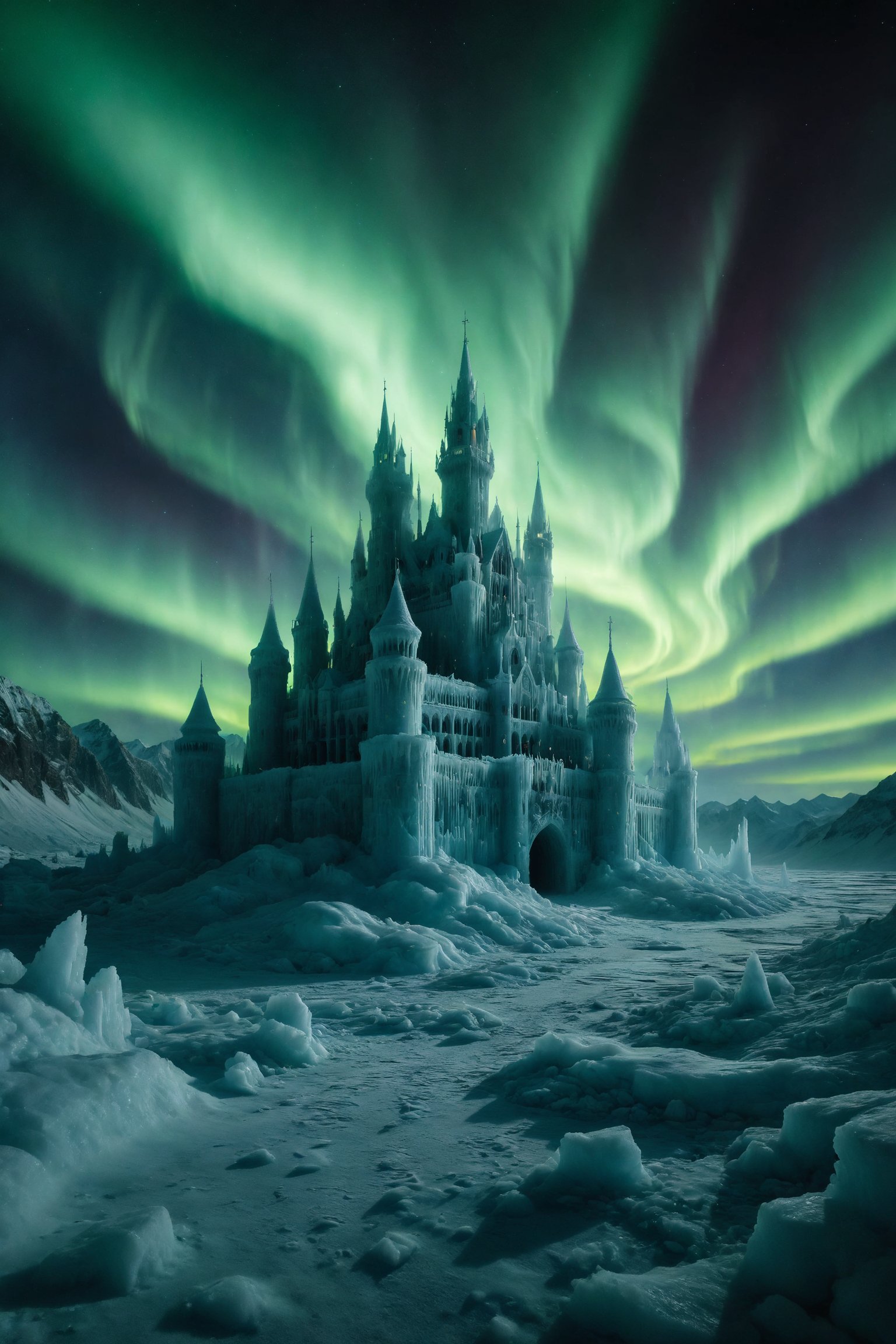 A majestic palace made entirely of ice, with towers shining under the light of the aurora borealis.