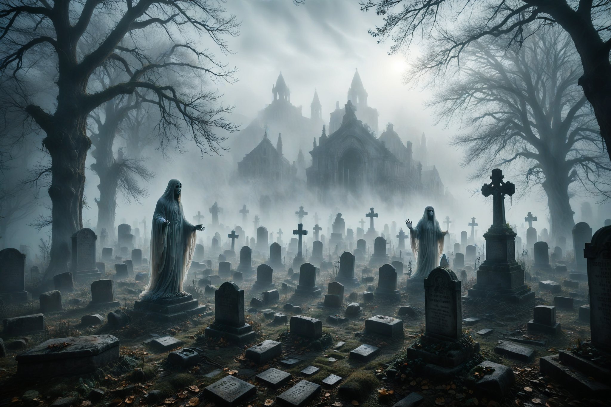 A translucent ghost drifting among ancient graves in a cemetery shrouded in thick fog.