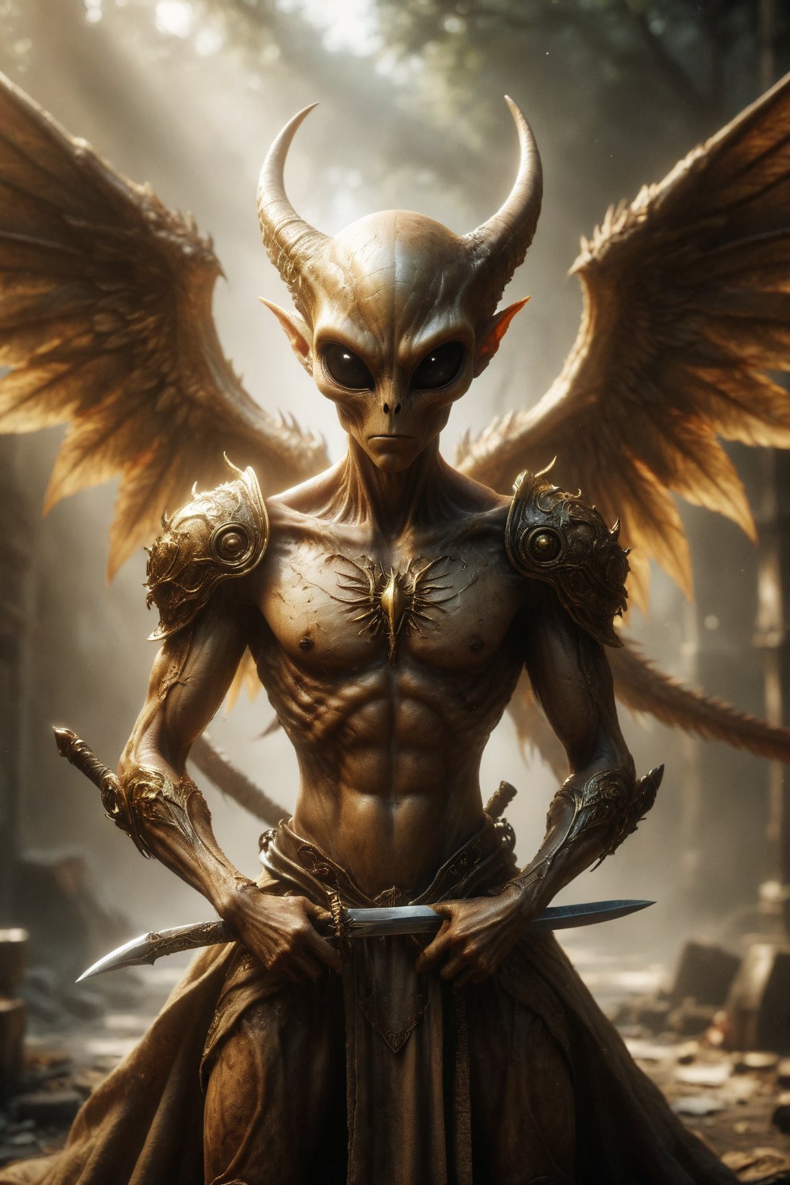 Create an image of a luxurious golden alien with wings and horns holding 5 swords in both hands and two swords stuck next to the character
