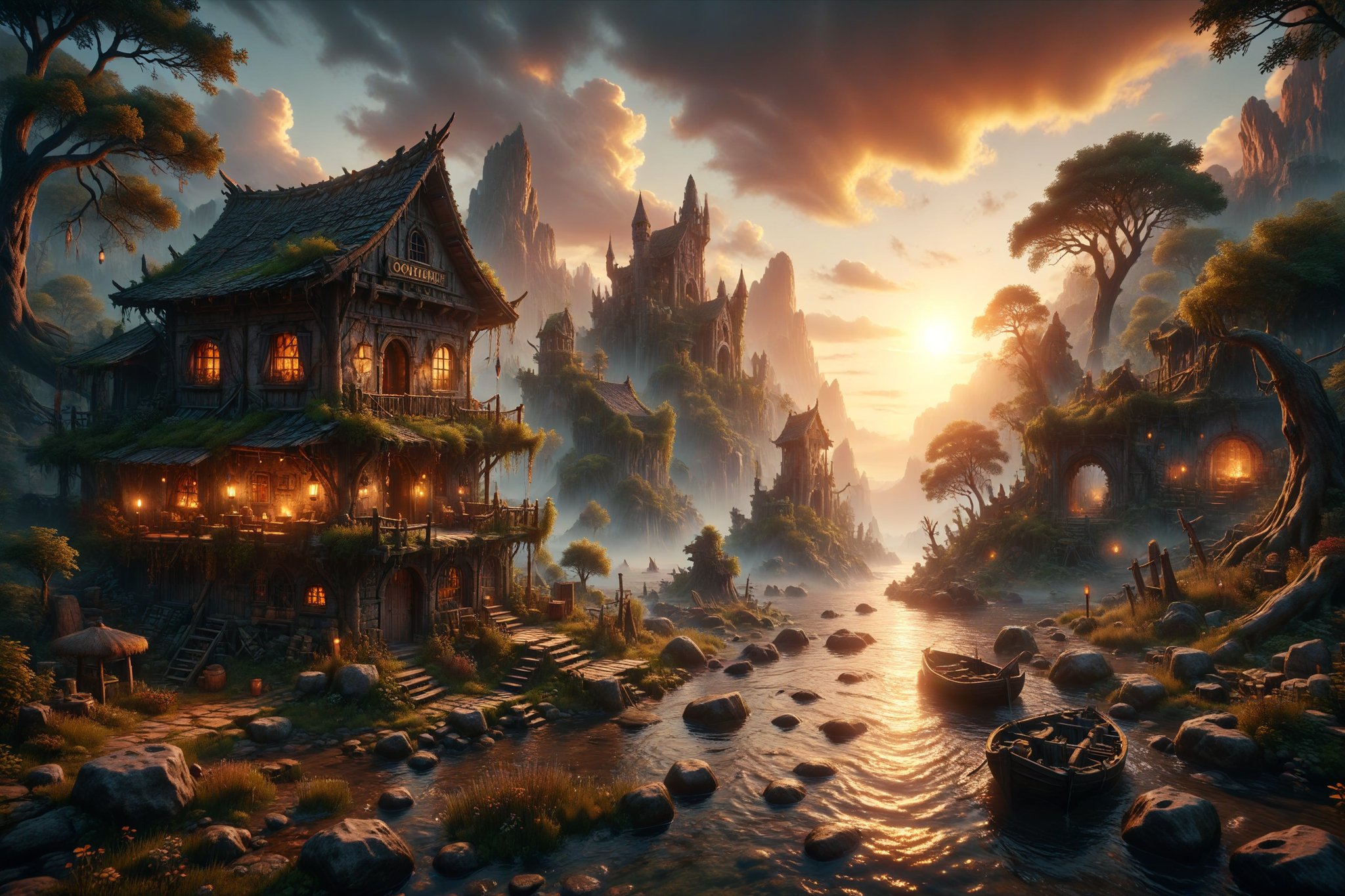 beautiful ancient fantasy store at sunset, trending on Artstation, octane render, unreal engine, visually stunning, award winning, river, forest