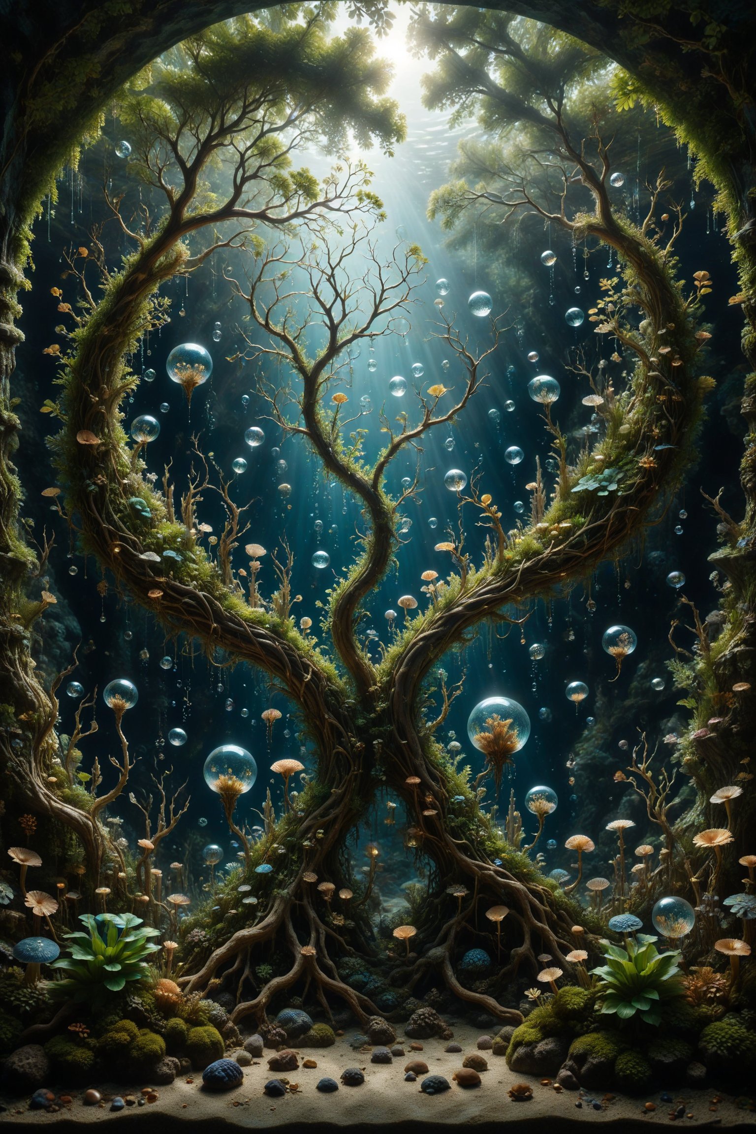 An aquarium with interesting, surreal organic curves, representing an underwater forest with candelabras resembling submerged tree branches. Inlaid aquatic plants, decorative gold accents, feathers, diamonds, and iridescent bubbles.
