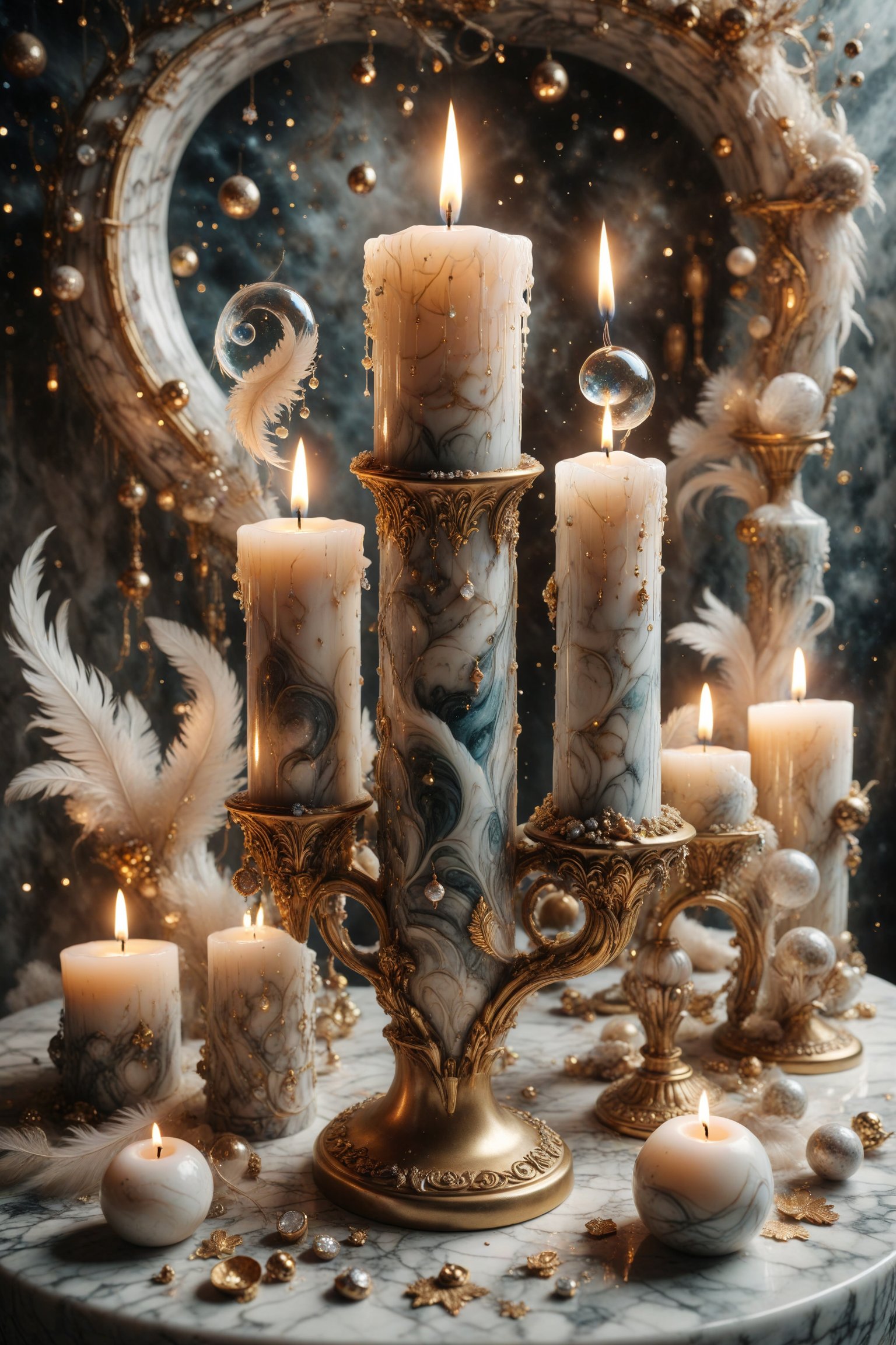 A candle with marble texture and interesting, surreal organic curves, in a surreal celestial city with candelabras shining like stars in the sky. Inlaid celestial cities, decorative gold accents, feathers, diamonds, and iridescent bubbles.