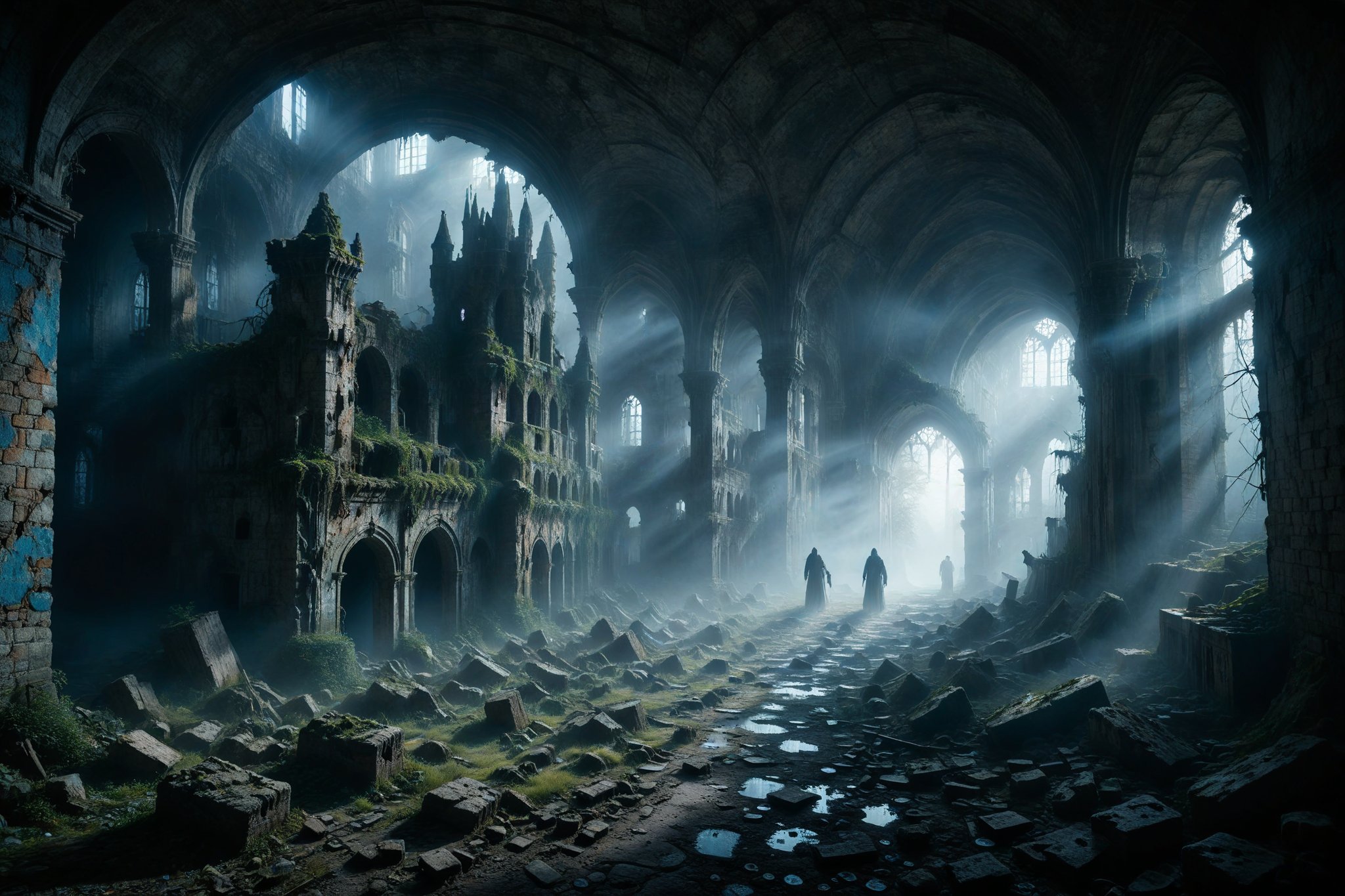 A dilapidated castle shrouded in bluish mist, with broken windows seeming to gaze down while shadows of ancient inhabitants glide through empty hallways.