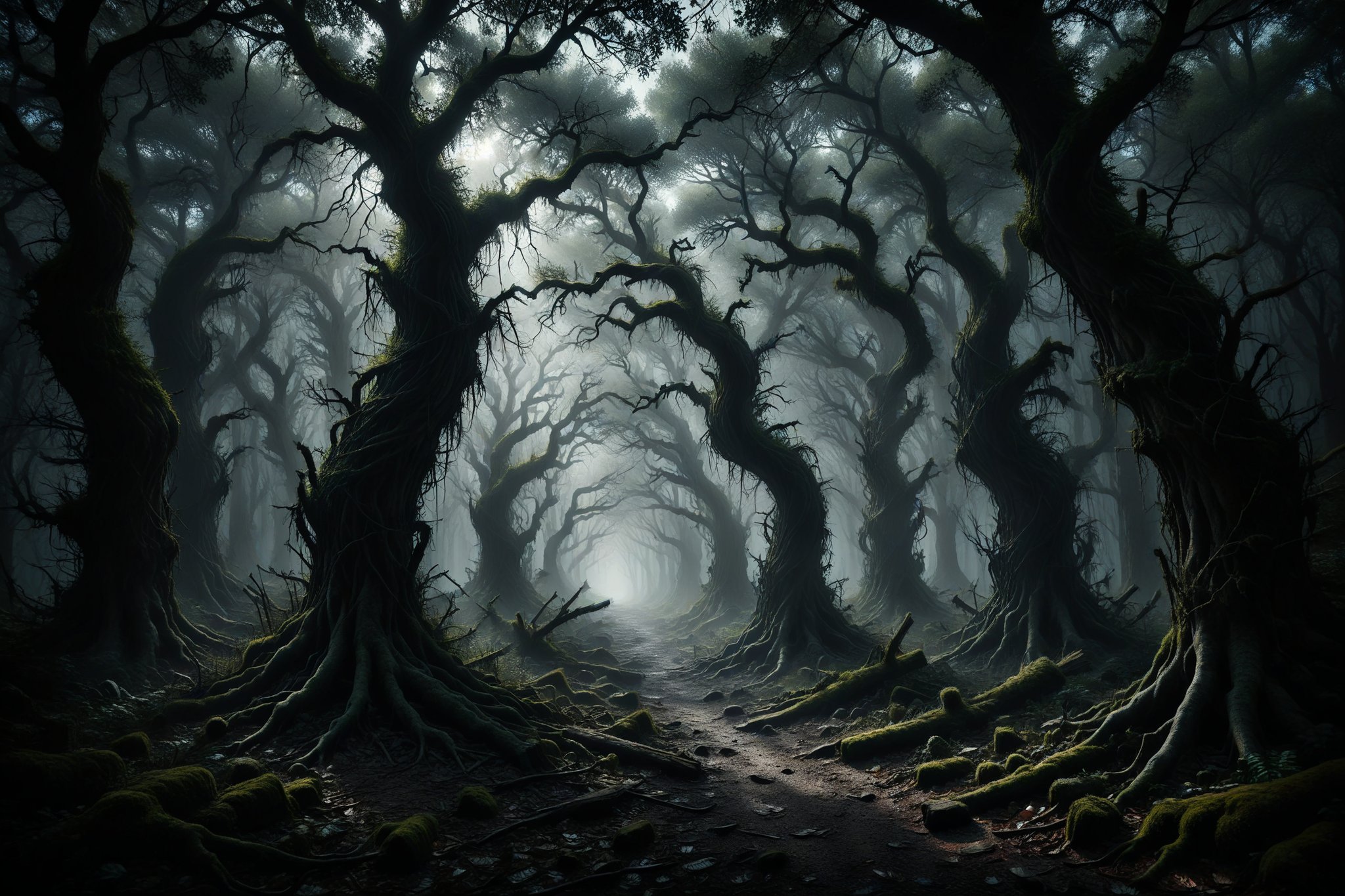 A dark forest with twisted trees and shadows that seem to move on their own, creating an atmosphere of mystery and danger.