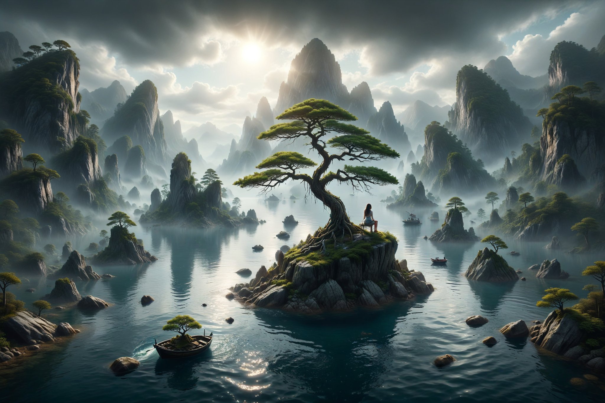 breathtaking concept art of the middle of a lake with little island in mountain landscape, a rock with a bonsai growing out of it, a girl sitting on a boat floating in the water