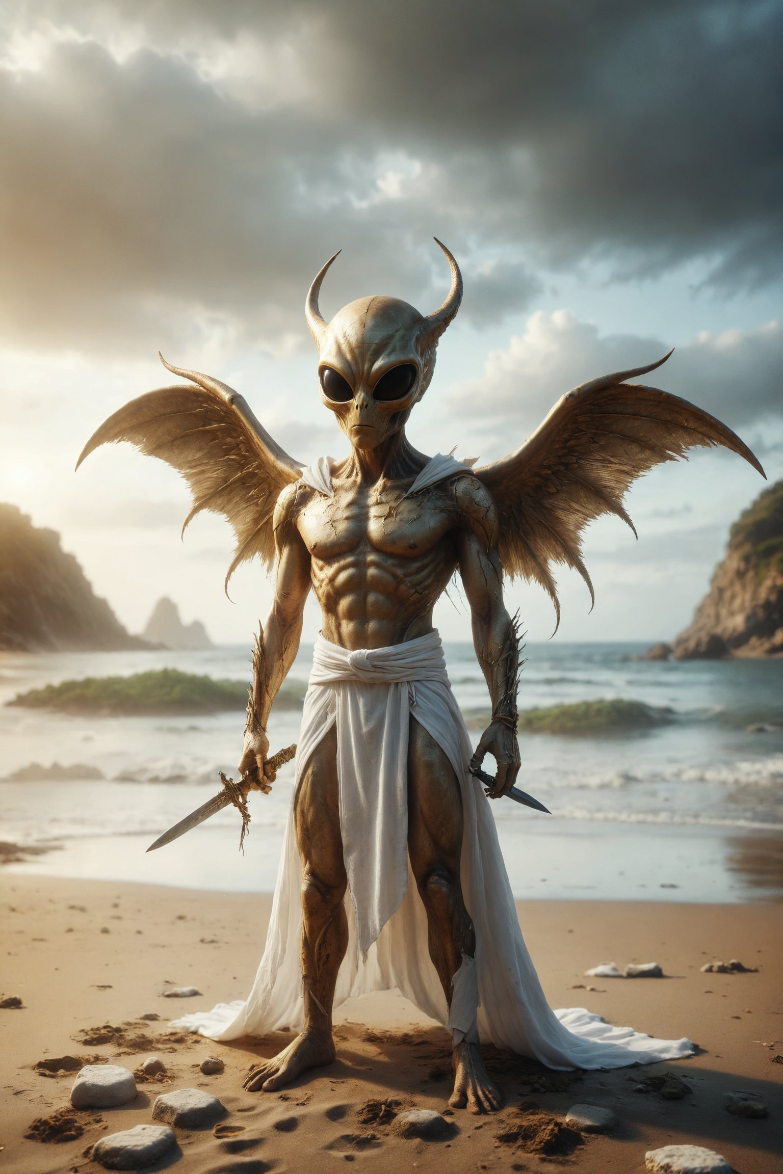 
Design a scene of a golden alien with wings and horns blindfolded by white bandages and holding 2 crossed swords on his chest x-shaped, wearing a white dress, located on the shore of a beach
