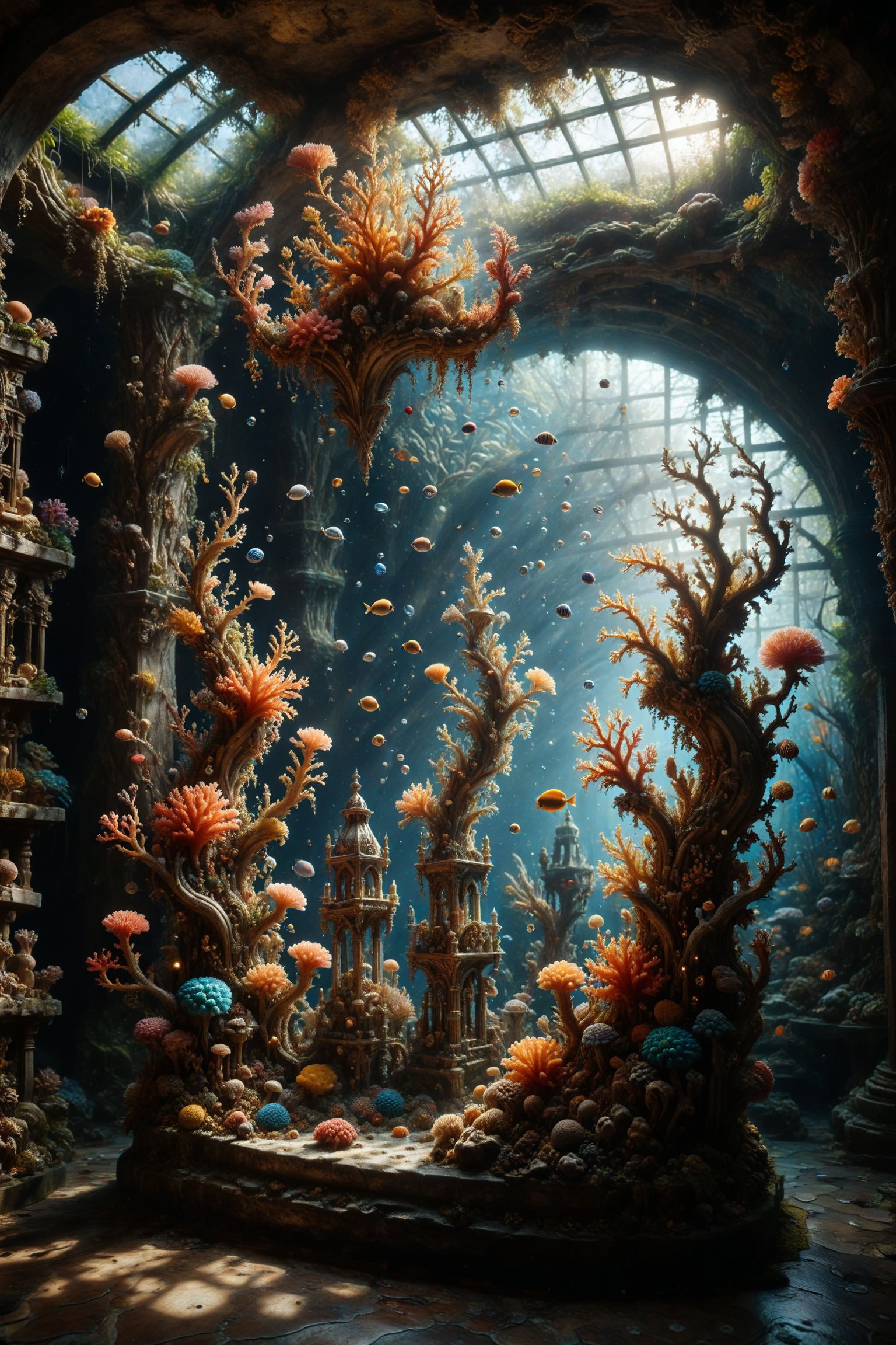 An aquarium with interesting, surreal organic curves, filled with colorful corals and candelabras simulating sunlight filtering from above. Inlaid corals, decorative gold accents, feathers, diamonds, and iridescent bubbles.