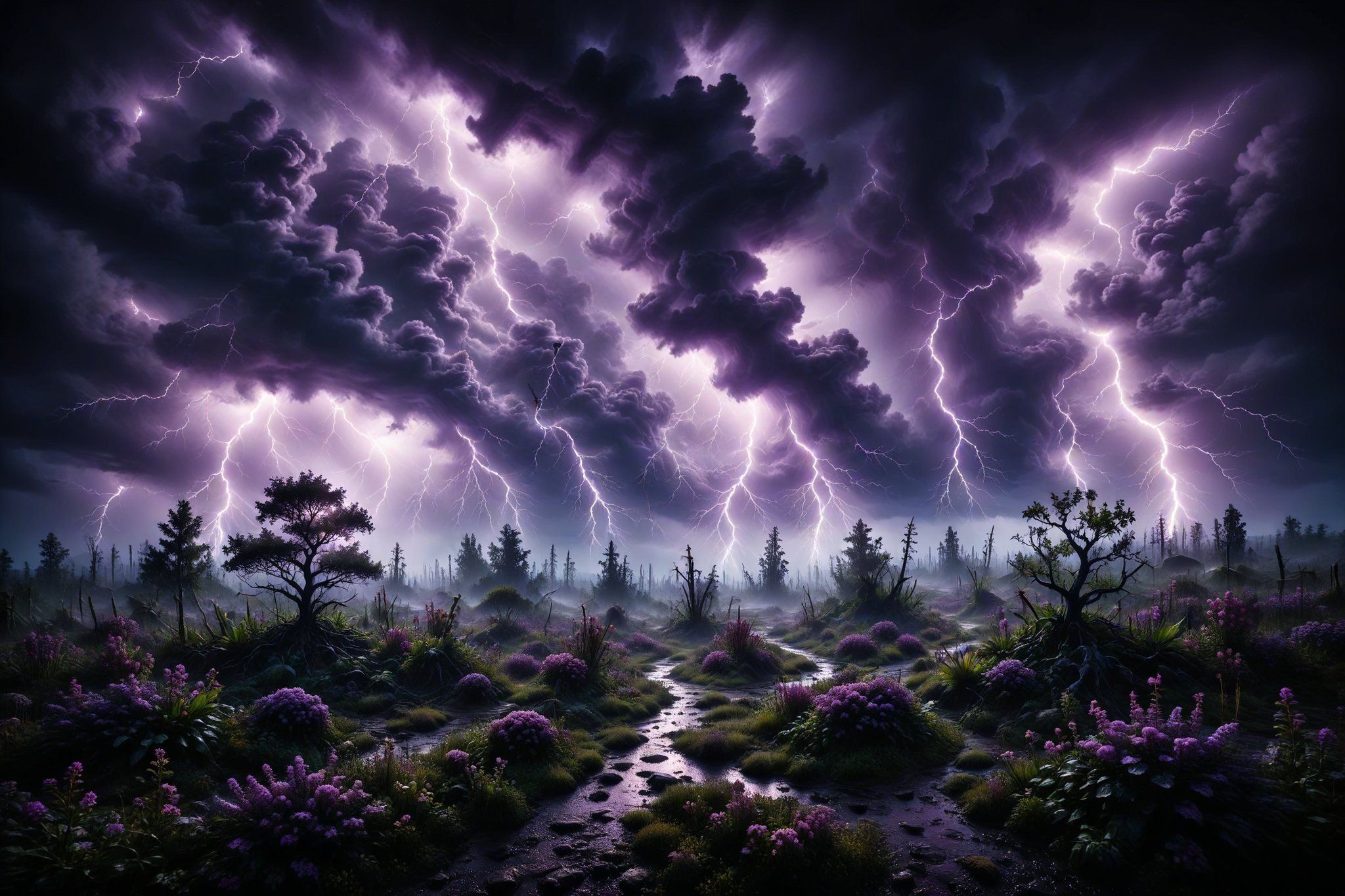 A night sky filled with black clouds and violet lightning, over a landscape where plants come to life and twist under the magical rain.