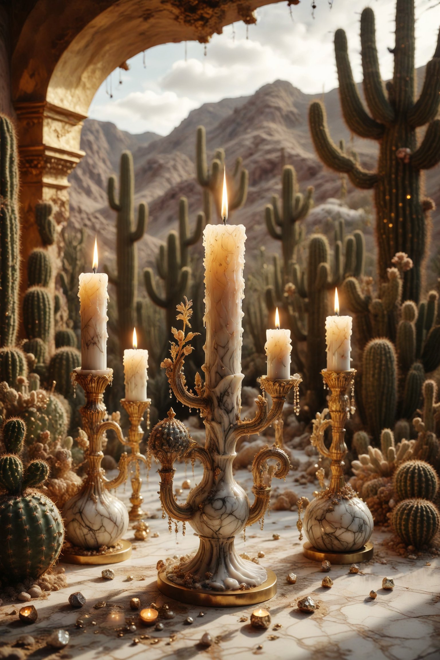 A candle with marble texture and interesting, surreal organic curves, in a surreal desert with cacti illuminated by golden candelabras. Inlaid cacti, decorative gold accents, feathers, diamonds, and iridescent bubbles.