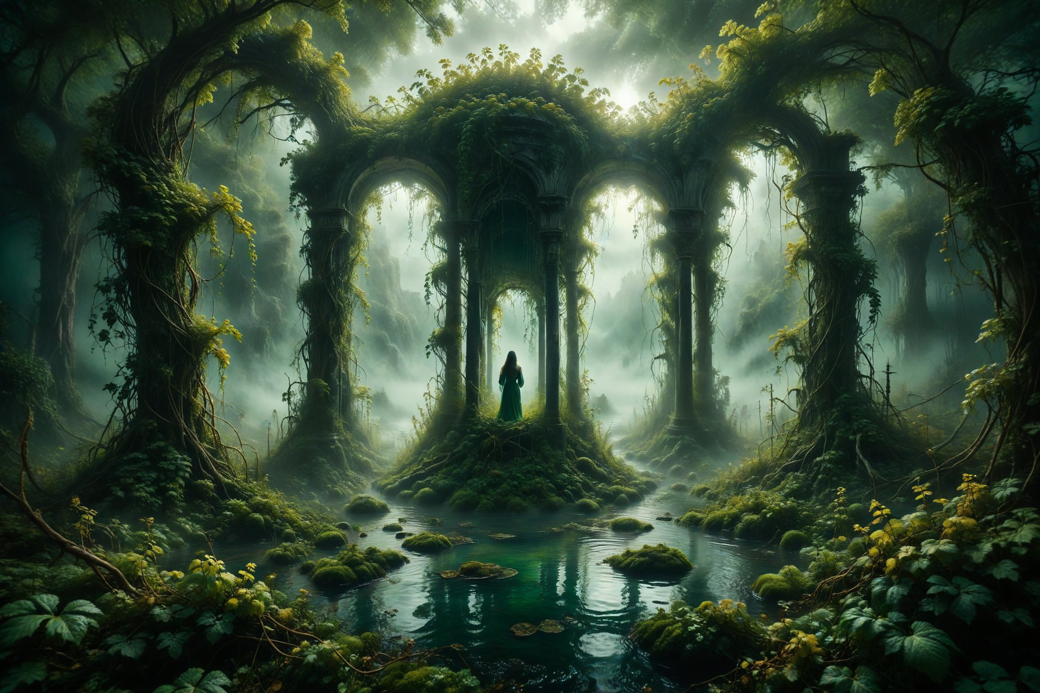 A deep well surrounded by golden vines snaking through emerald green mist, reflecting distorted images of the deepest desires of those who gaze into it.