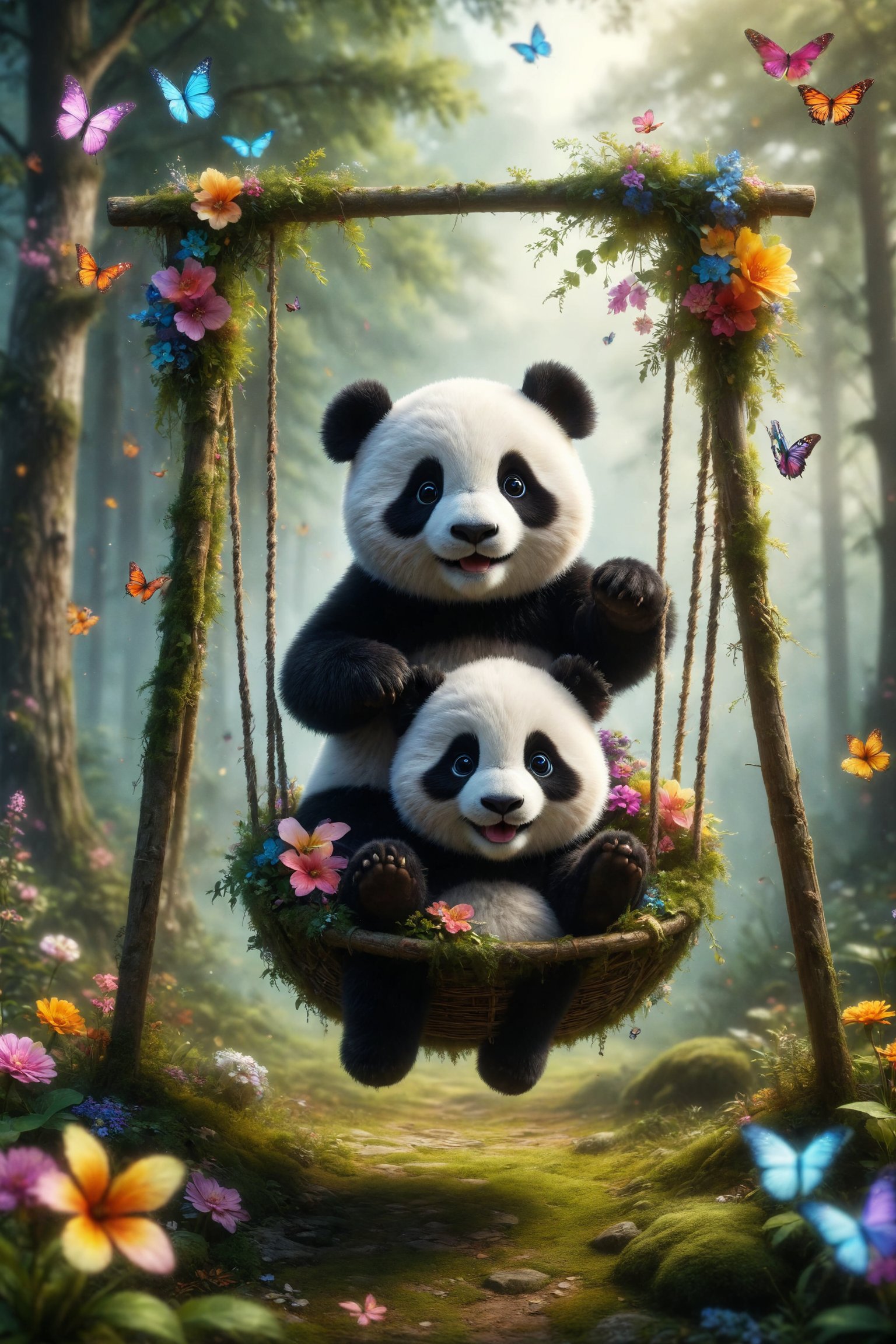 Design a charming image of a plush panda bear swinging on a flower swing next to a laughing baby, while colorful butterflies flutter around them in a forest clearing.
