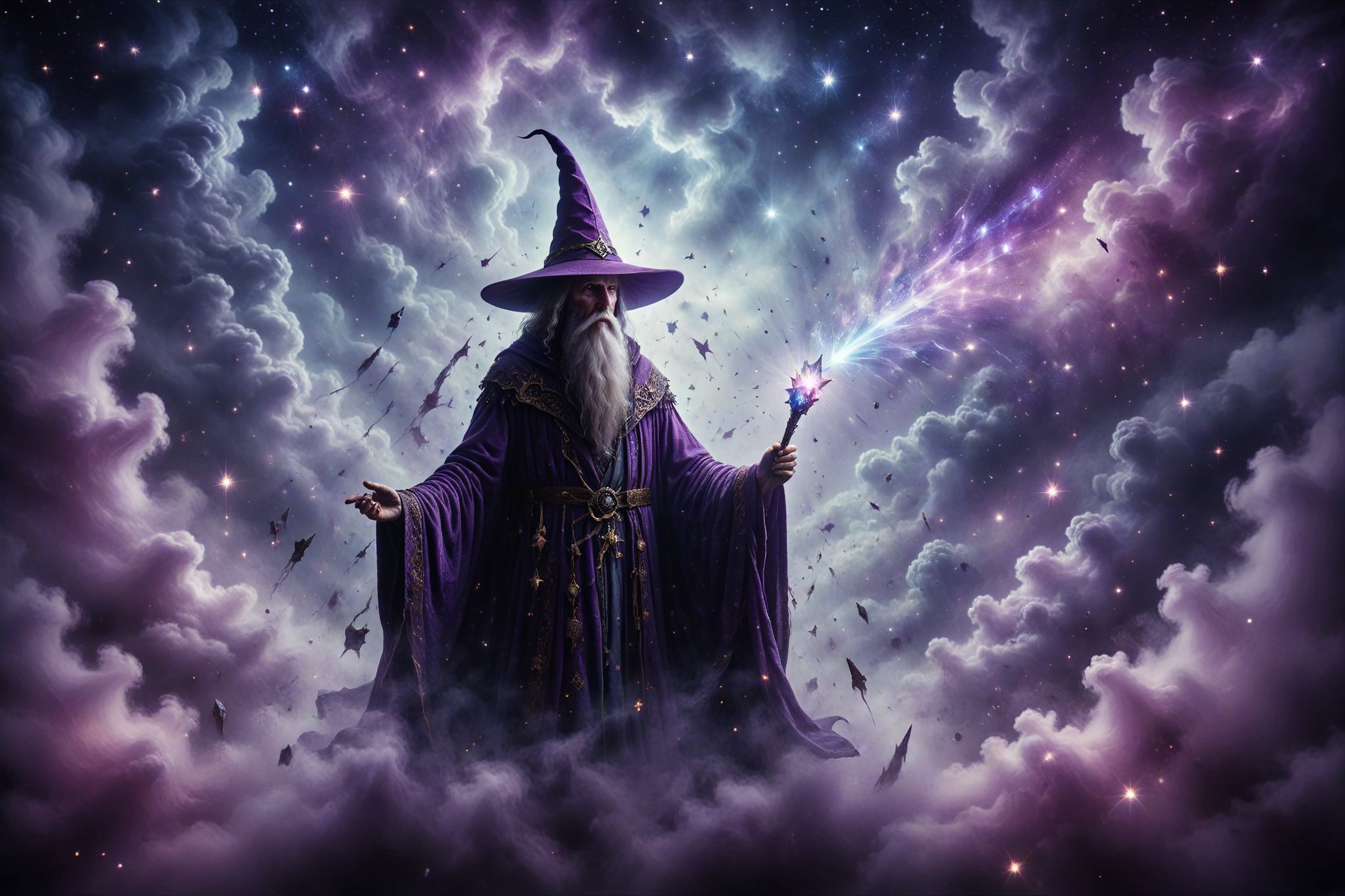 A wizard with a pointed hat and starry robe, holding a crystal scepter emitting flashes of iridescent light, summoning dreamlike creatures among clouds of violet mist.