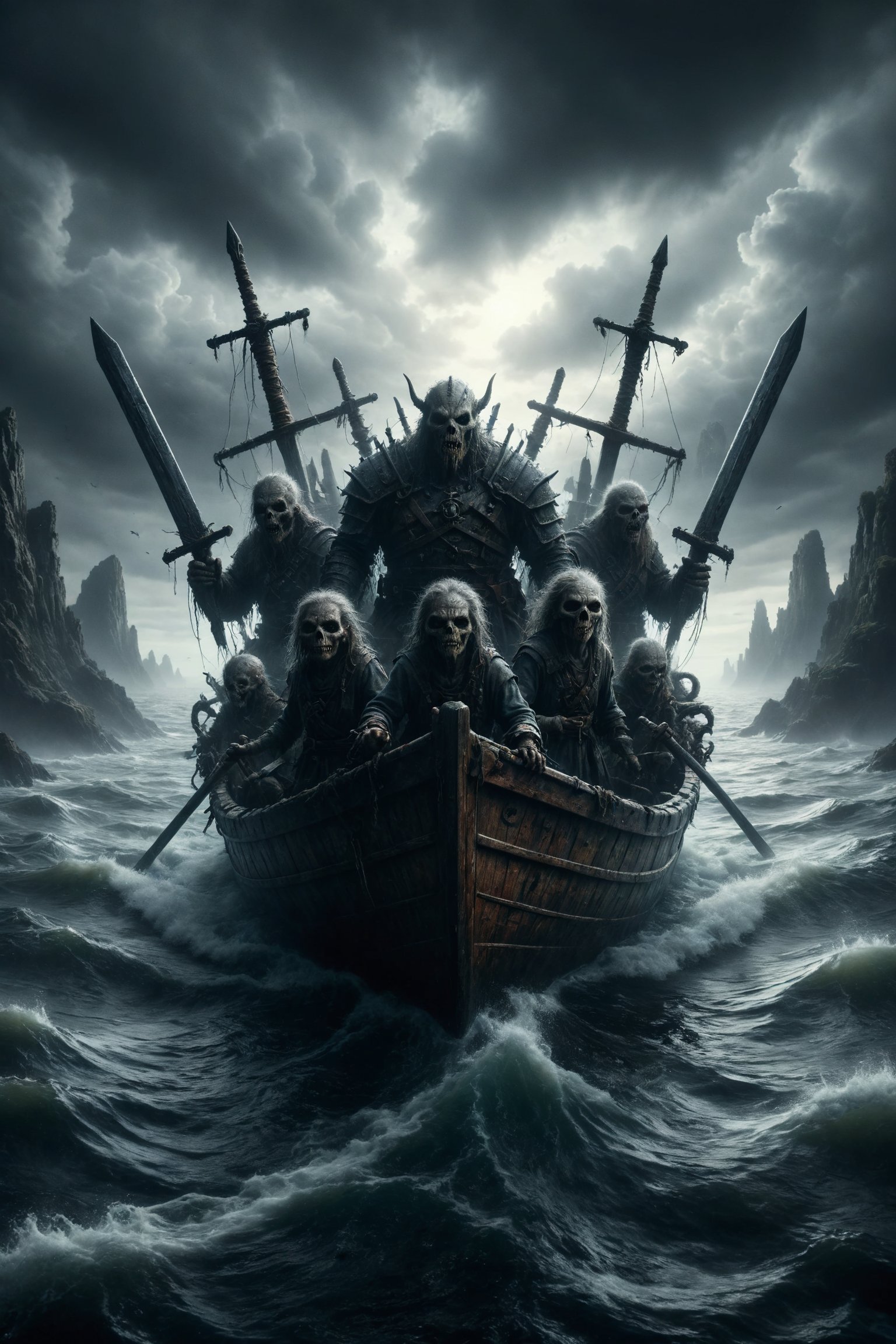 Generate a scene of a  HORROR MOSNTER  and its family sailing in a boat towards calm waters, leaving behind turbulent waters and six swords stuck in the bottom, symbolizing transition, journey, and overcoming.