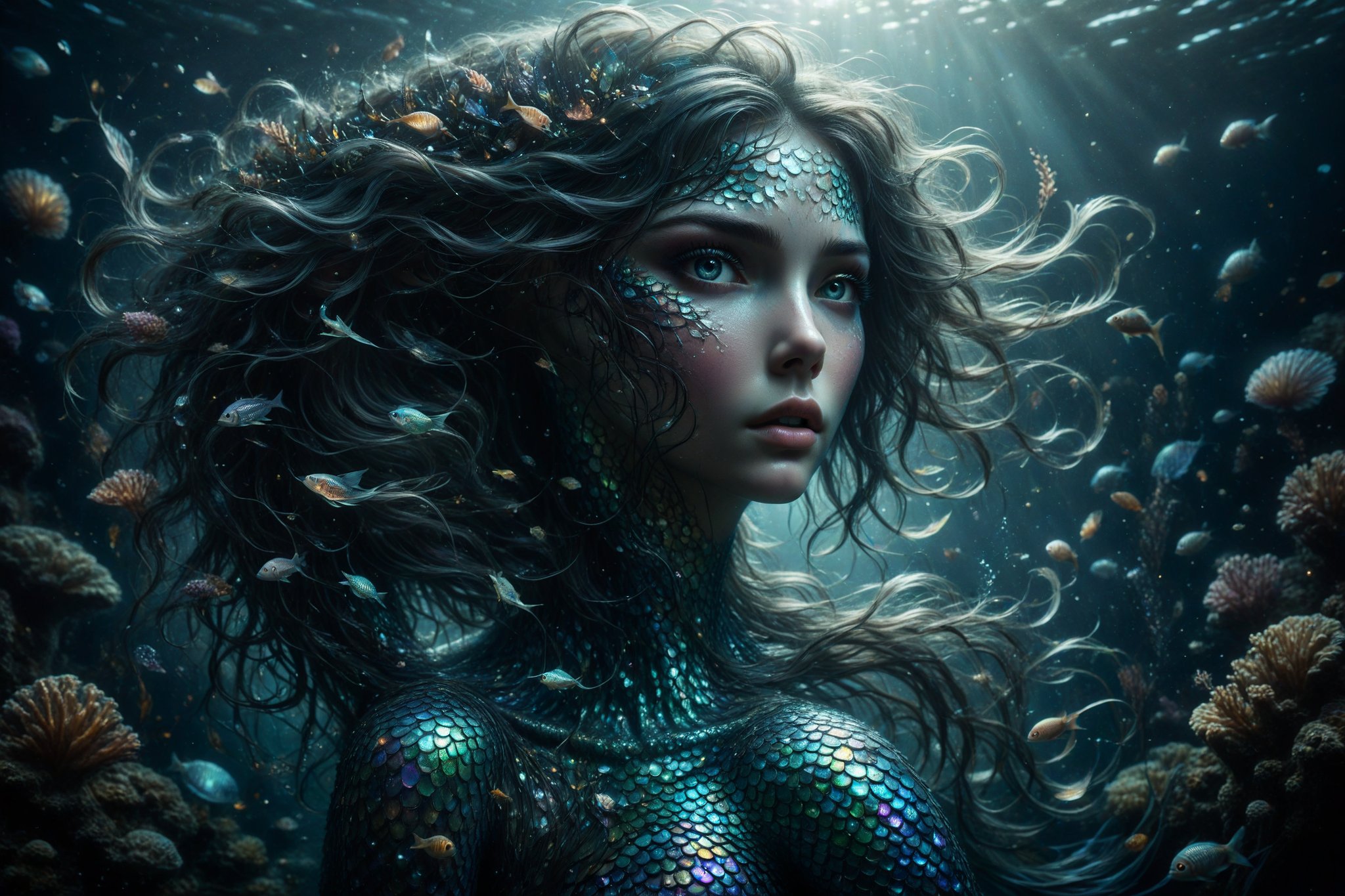 A mermaid with iridescent scales and hair flowing like seaweed, emerging from dark waters where the eyes of marine creatures shine in the depths.