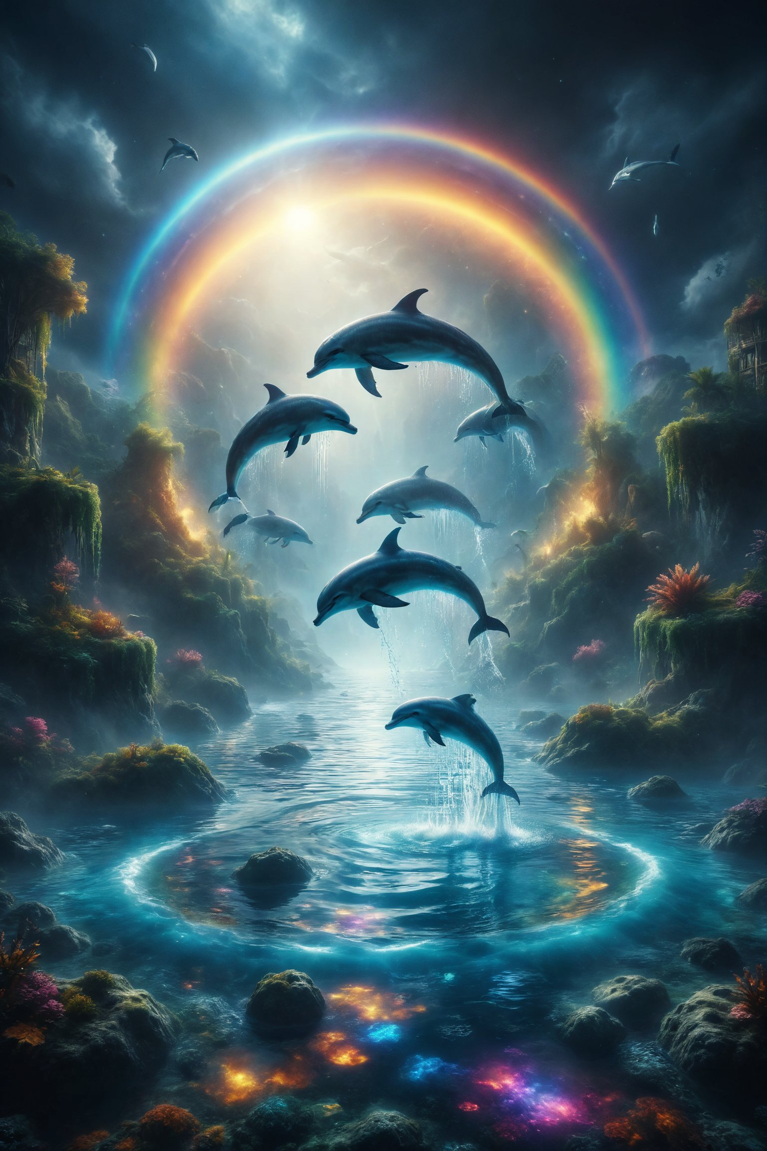  magical lagoon with luminous water and flying dolphins jumping through rainbow hoops.