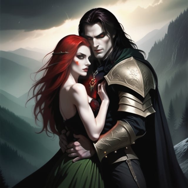 Carpathian male warrior, battle born, long black hair, intense gold eyes, supernatural, vampire like traits, holding  a beautiful red hair, Green eyed woman, twilight in the Carpathian Mountains