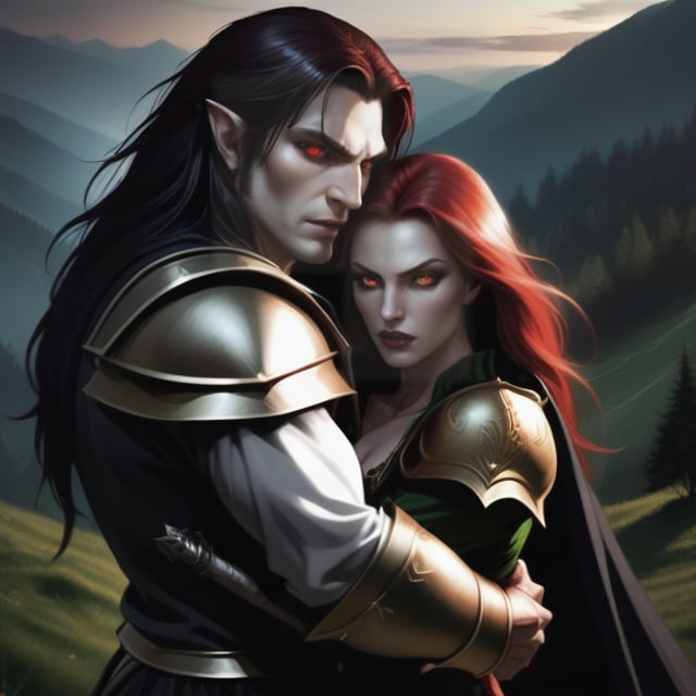 Carpathian male warrior, battle born, long black hair, intense gold eyes, supernatural, vampire like traits, holding  a beautiful red hair, Green eyed woman, twilight in the Carpathian Mountains