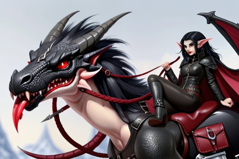 dragon rider. rider is a vampire pale with crimson eyes and black hair. elf-like point to her ear. leather clothing. 