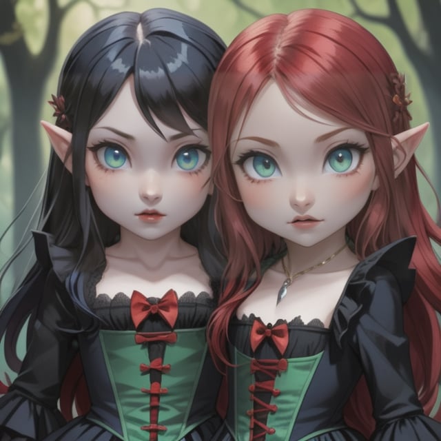 twin vampire little girls, red hair and green eyes, blue black hair and blue eyes