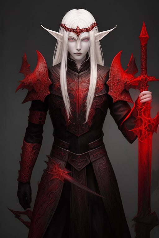 albino elven male, black leather, crimson eyes, dragon helm/circlet, black sword with red runes running down it’s hilt